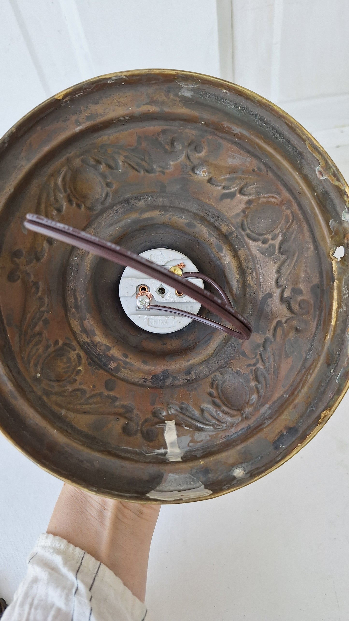 Deco Brass Flush Mount Light: Rewired Antique Fixture with Hand Painted Detailing