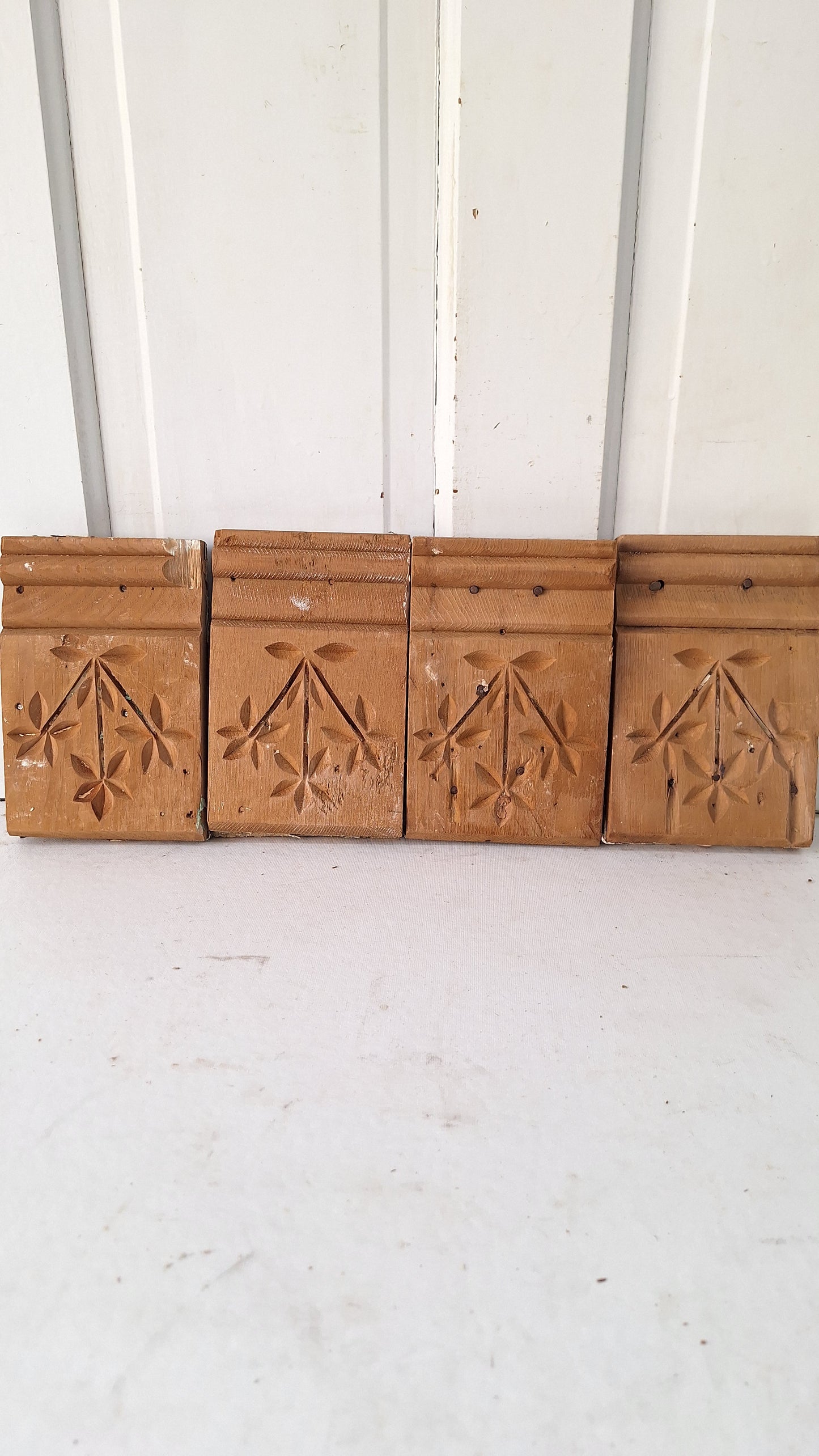 Four Carved Wood Plinth Blocks, Spoon Carved Wooden Trim Molding