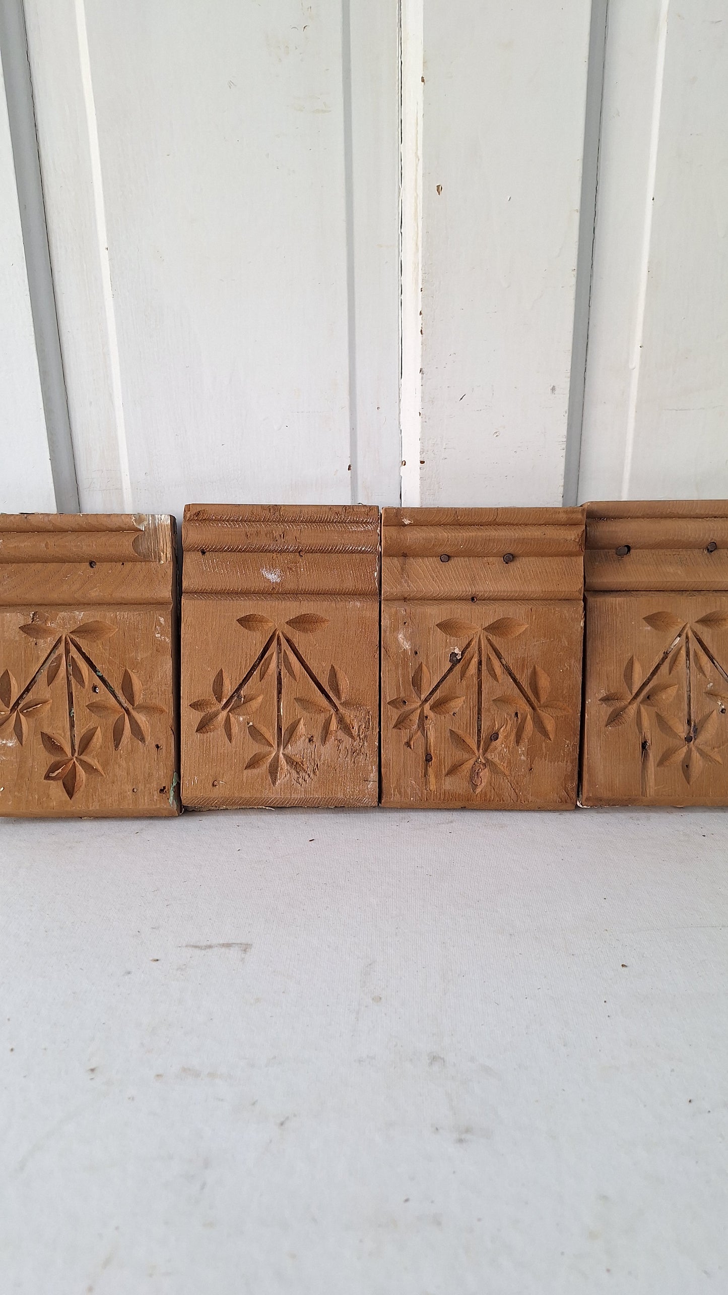 Four Carved Wood Plinth Blocks, Spoon Carved Wooden Trim Molding