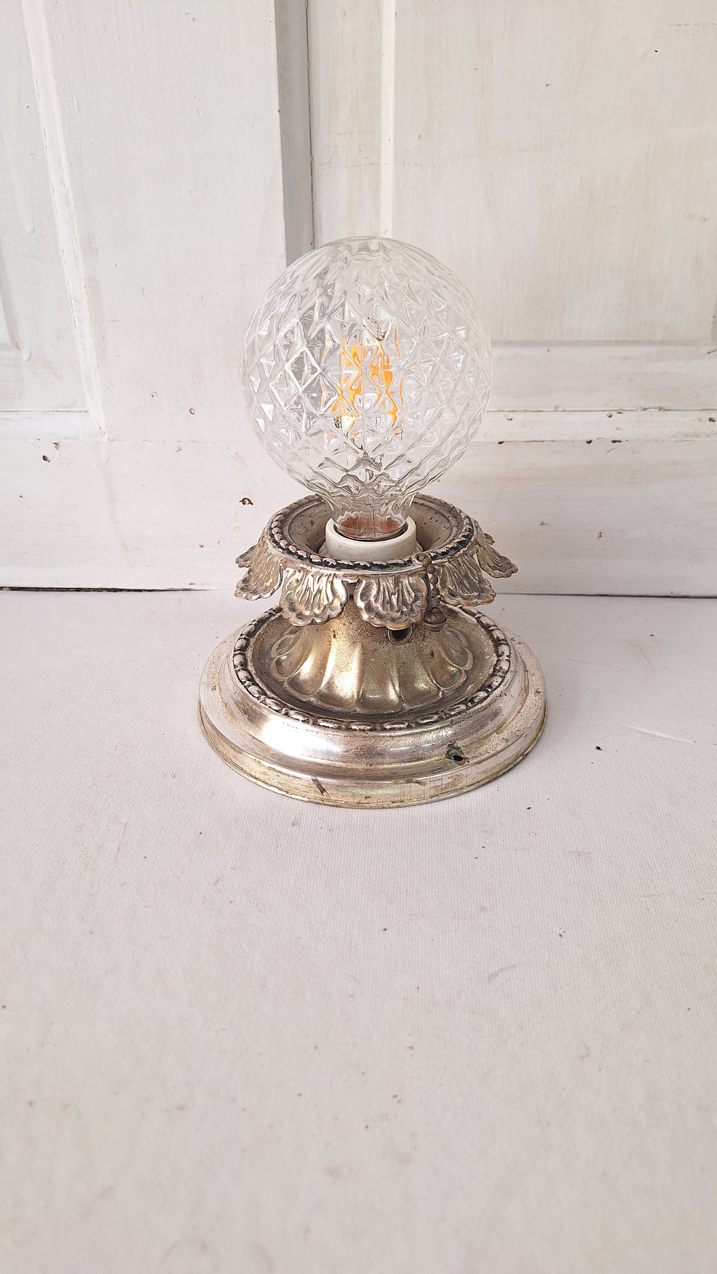 Silver Plated Brass Flush Mount Light: Rewired Antique Fixture with Leaf Detailing