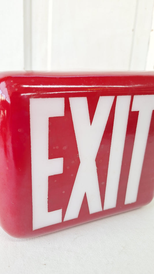 Vintage White and Red Exit Sign with Brass Base, Wall Mounted Exit Sign Light, Milk Glass Exit Light Fixture Kopp Brand 082105