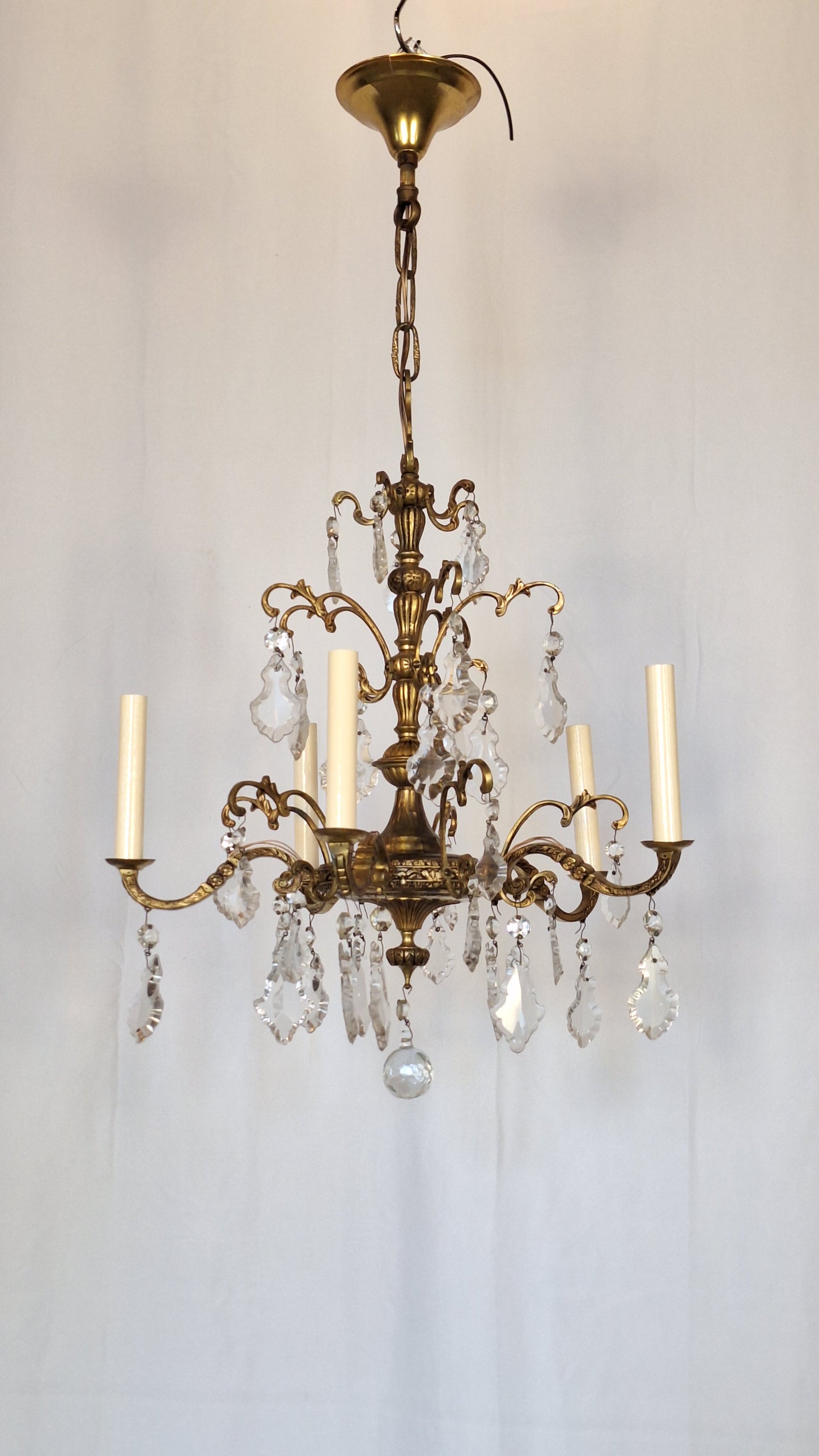5 Candle Vintage Gold and Crystal Spanish Chandelier, Hollywood Regency Crystal Ceiling Light