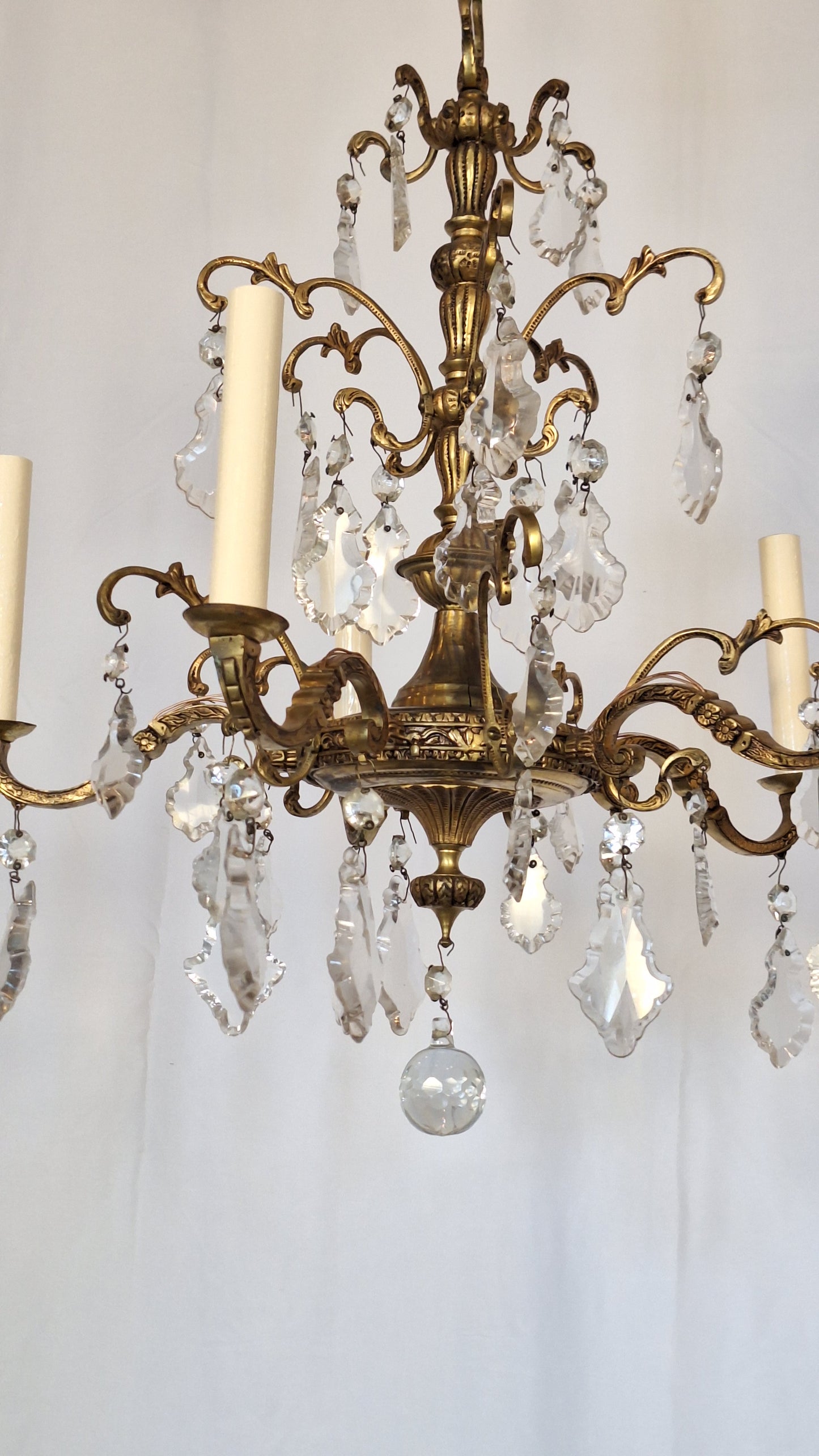 5 Candle Vintage Gold and Crystal Spanish Chandelier, Hollywood Regency Crystal Ceiling Light