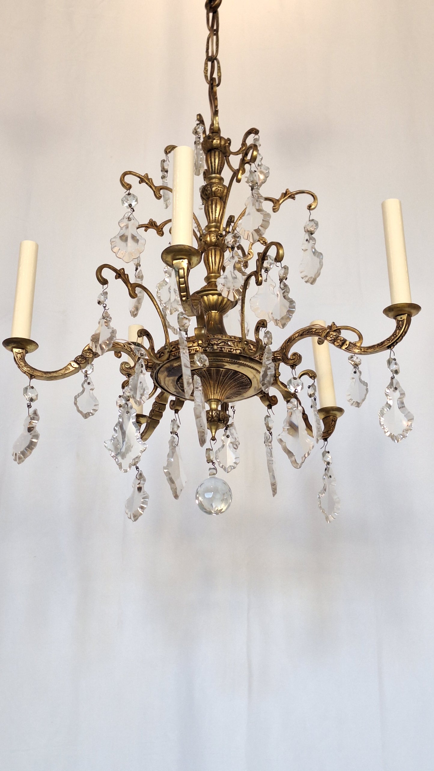 5 Candle Vintage Gold and Crystal Spanish Chandelier, Hollywood Regency Crystal Ceiling Light