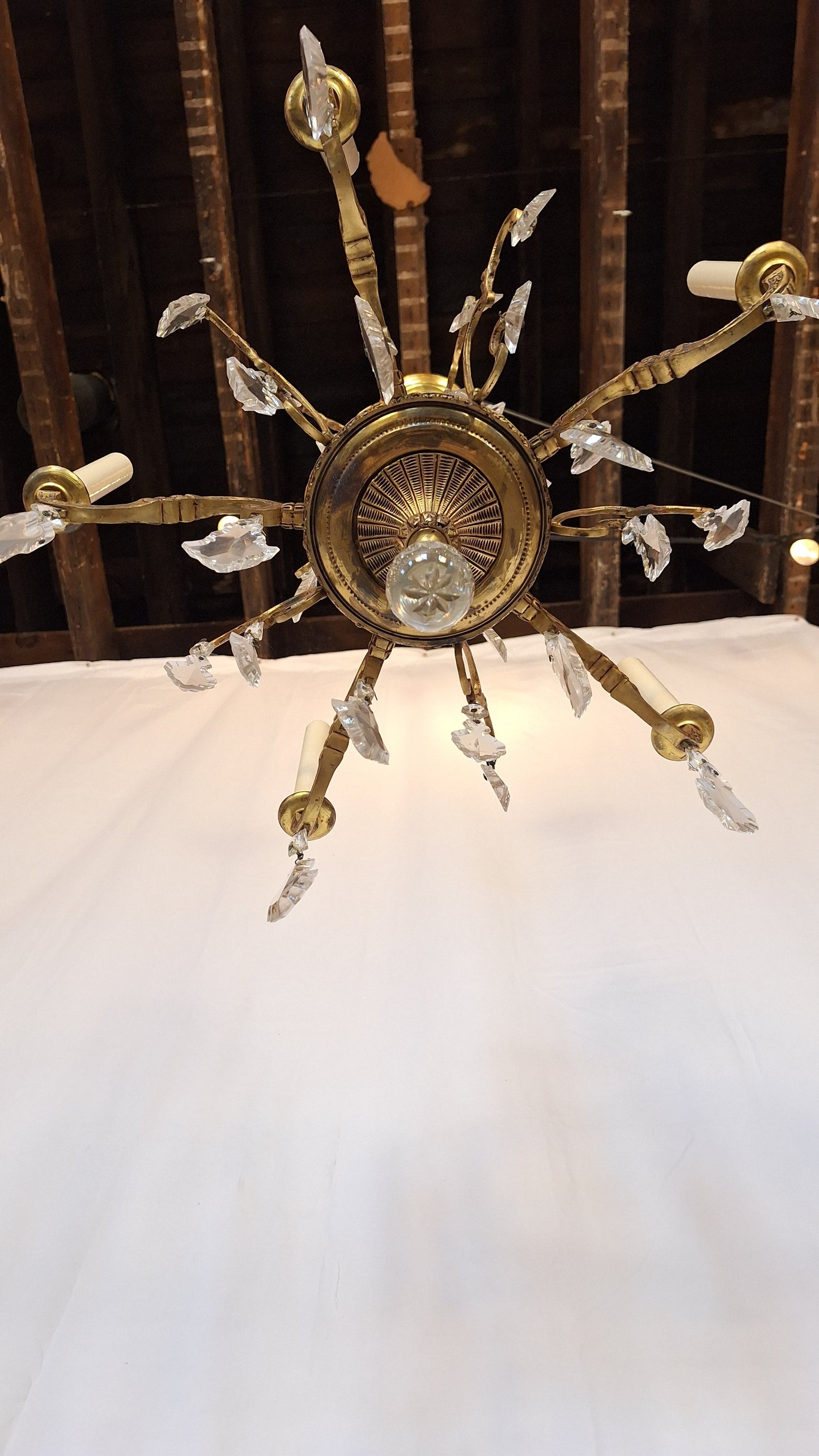 5 Candle Vintage Gold and Crystal Spanish Chandelier, Hollywood Regency Crystal Ceiling Light