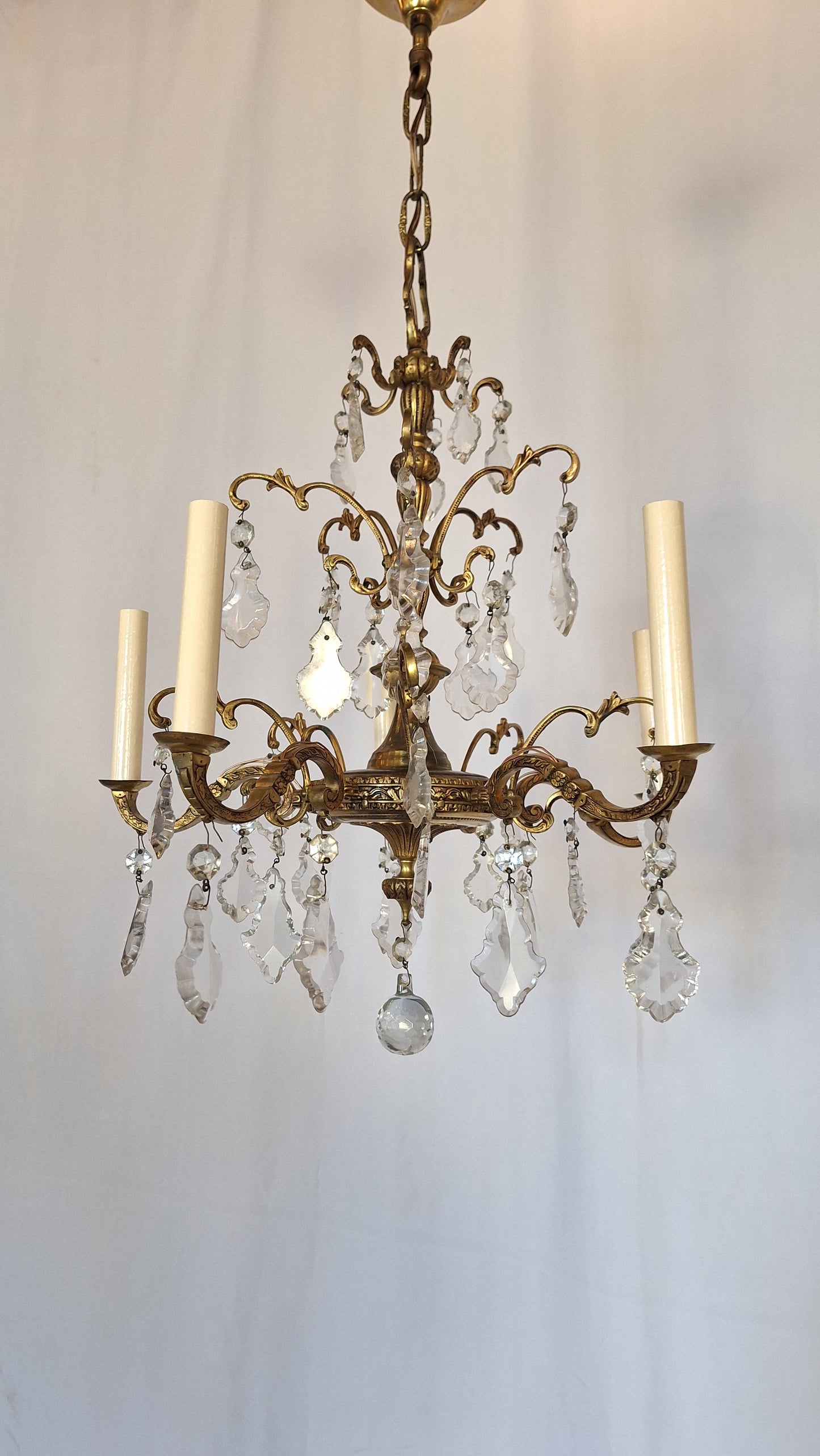 5 Candle Vintage Gold and Crystal Spanish Chandelier, Hollywood Regency Crystal Ceiling Light