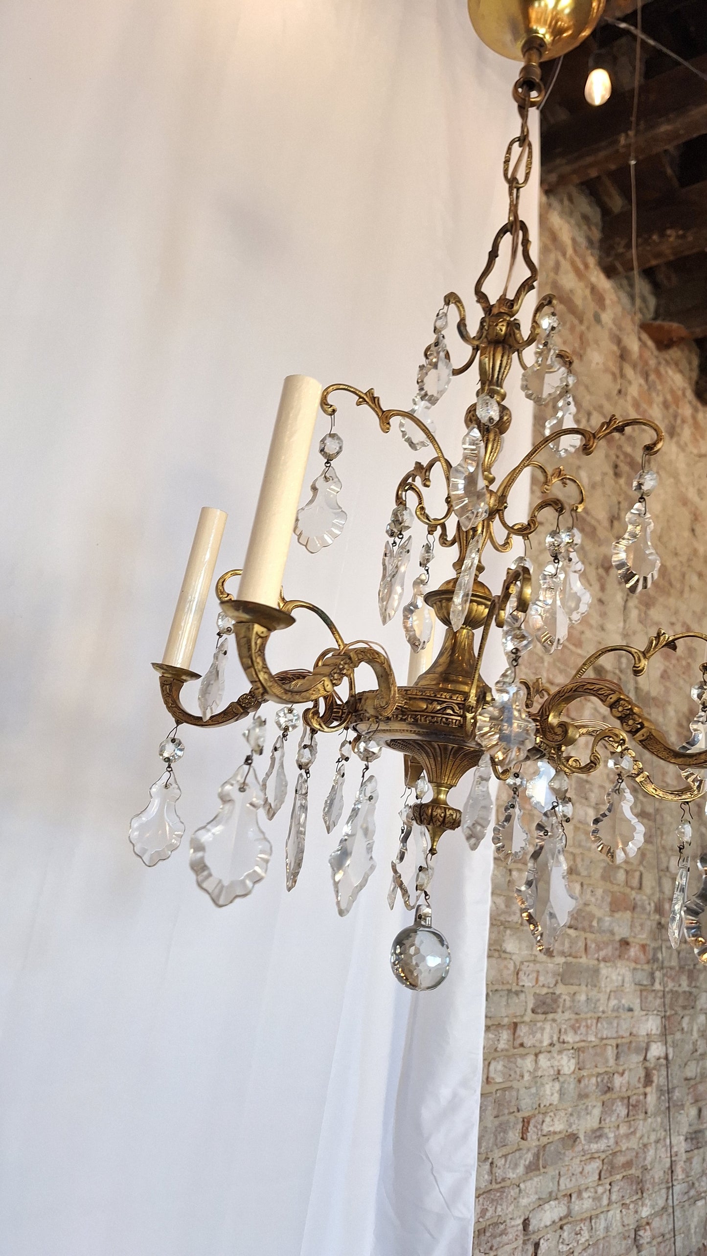 5 Candle Vintage Gold and Crystal Spanish Chandelier, Hollywood Regency Crystal Ceiling Light