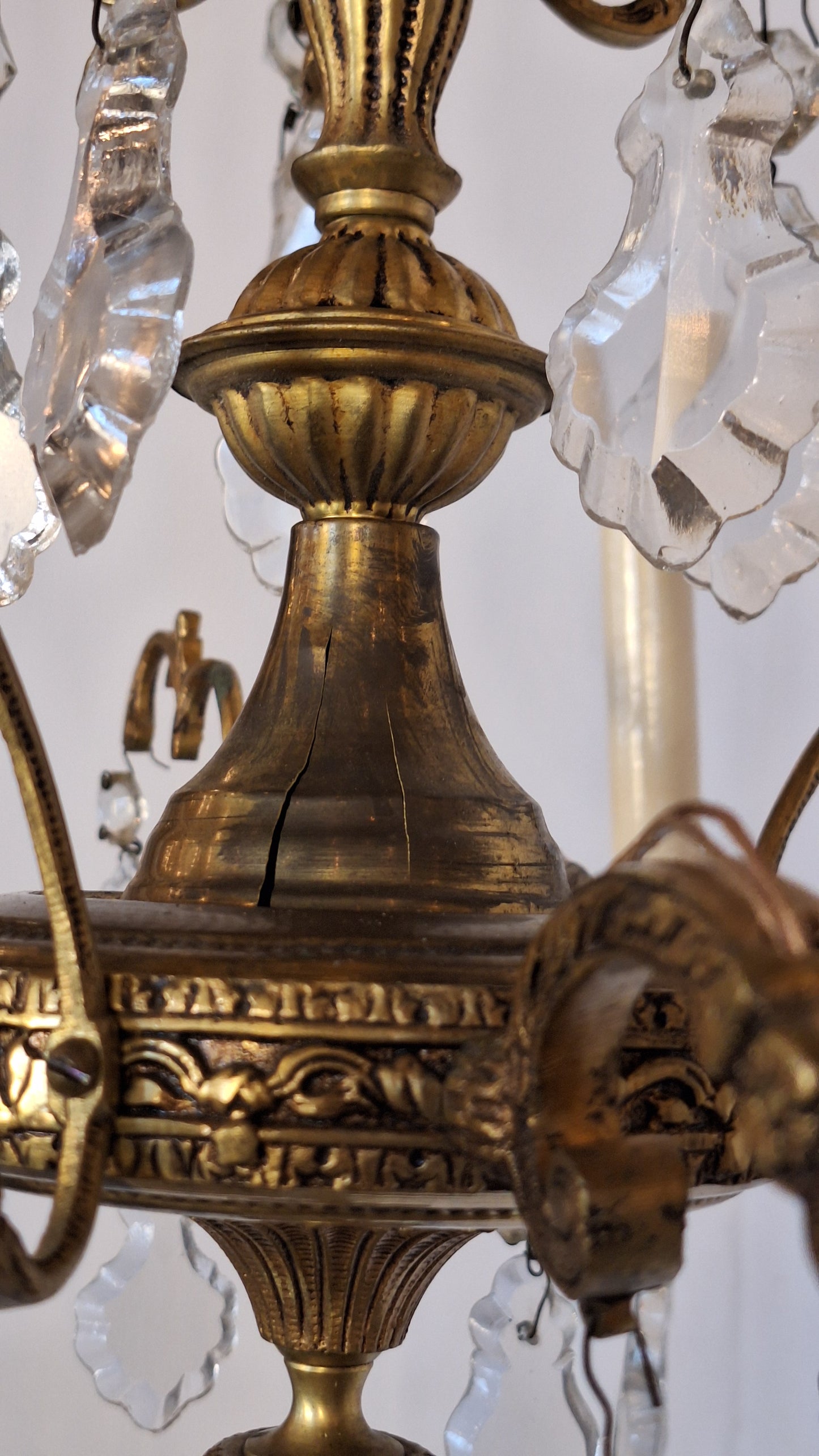5 Candle Vintage Gold and Crystal Spanish Chandelier, Hollywood Regency Crystal Ceiling Light