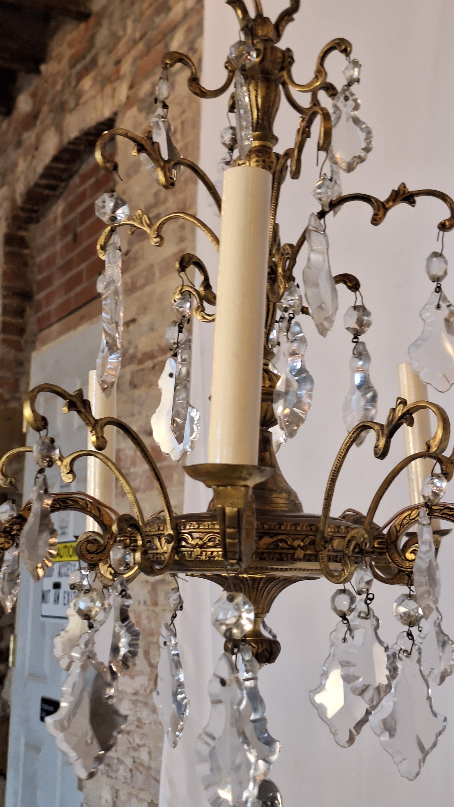5 Candle Vintage Gold and Crystal Spanish Chandelier, Hollywood Regency Crystal Ceiling Light