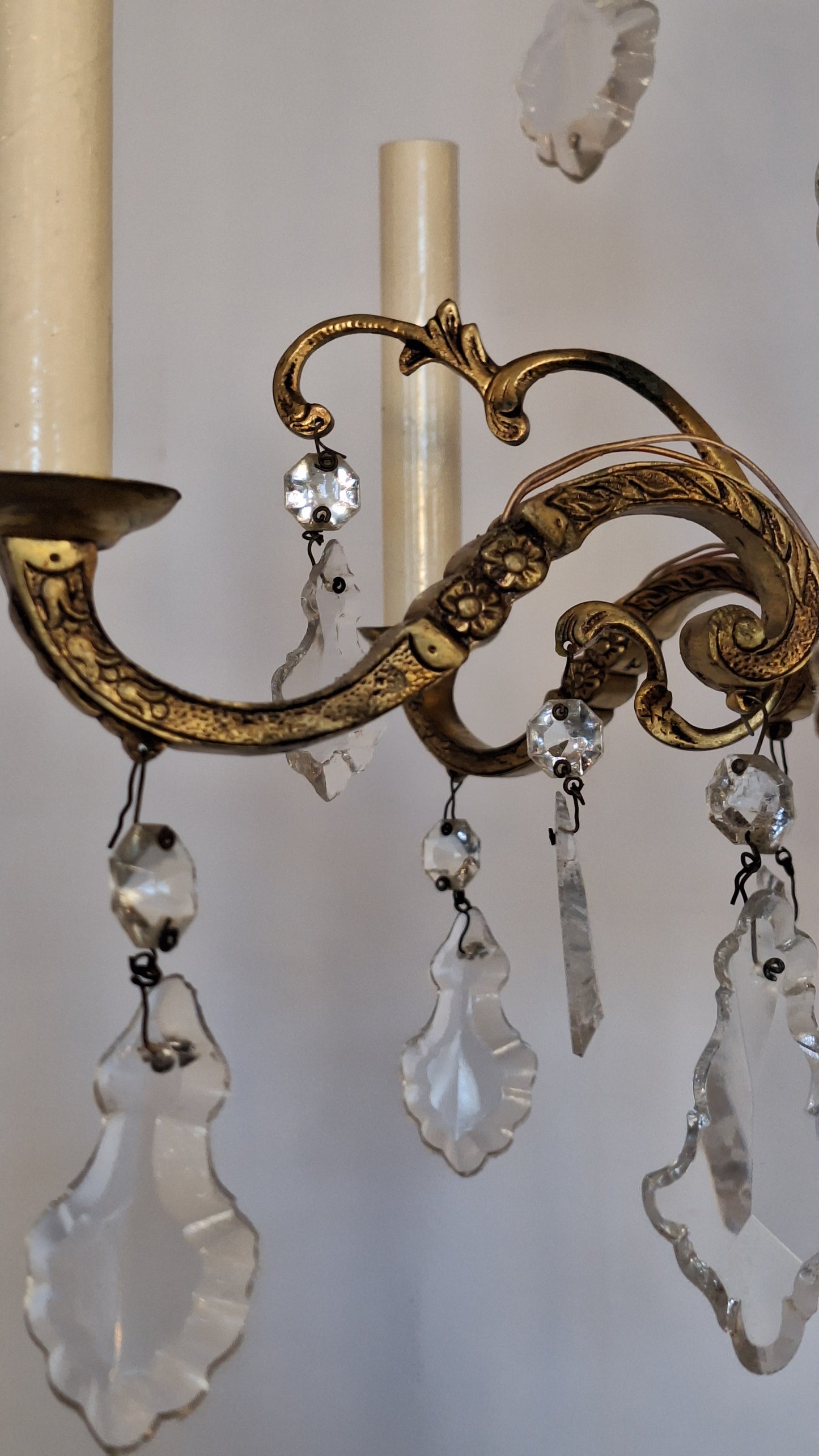 5 Candle Vintage Gold and Crystal Spanish Chandelier, Hollywood Regency Crystal Ceiling Light