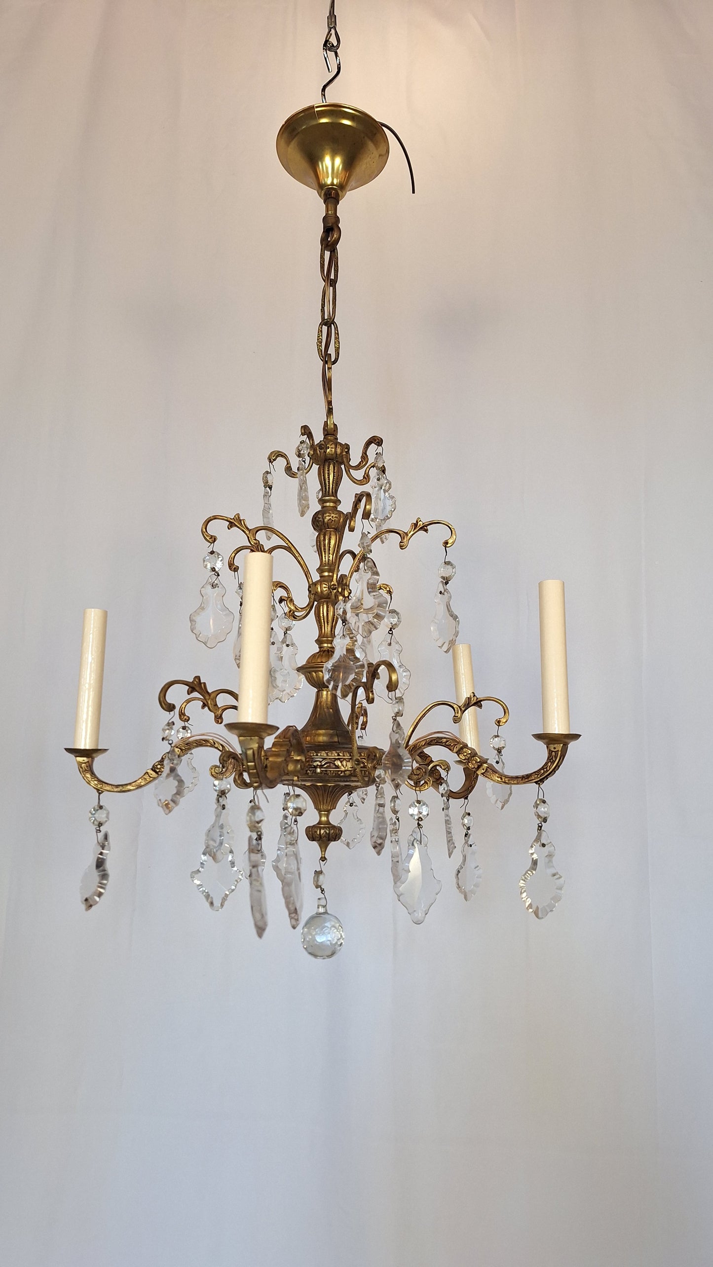 5 Candle Vintage Gold and Crystal Spanish Chandelier, Hollywood Regency Crystal Ceiling Light