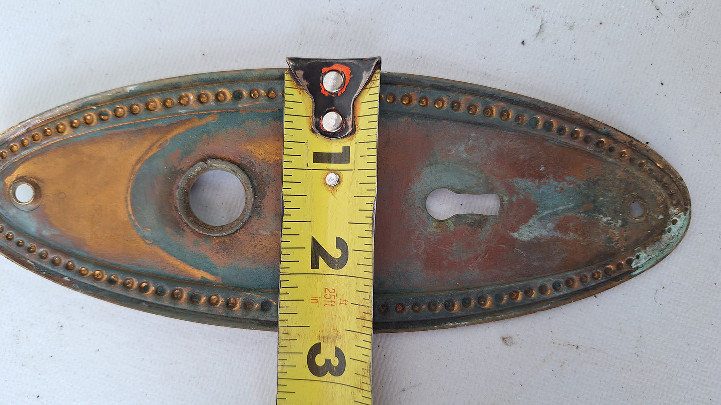 Set of Oval Brass Doorknobs and Plates, Antique Door Hardware Set