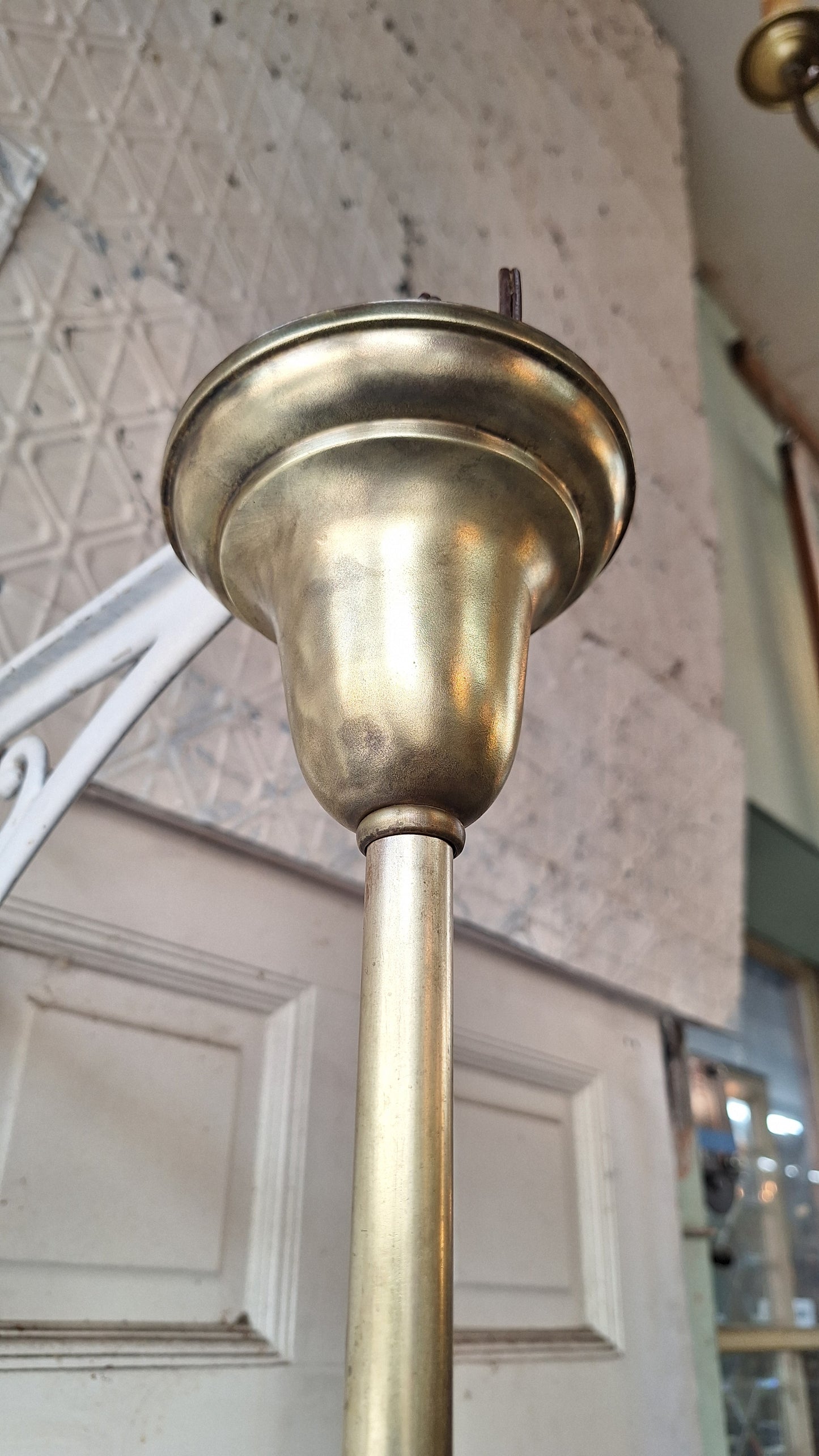 Vintage Holophane Chandelier, Brass and Prismatic Glass Light Fixture