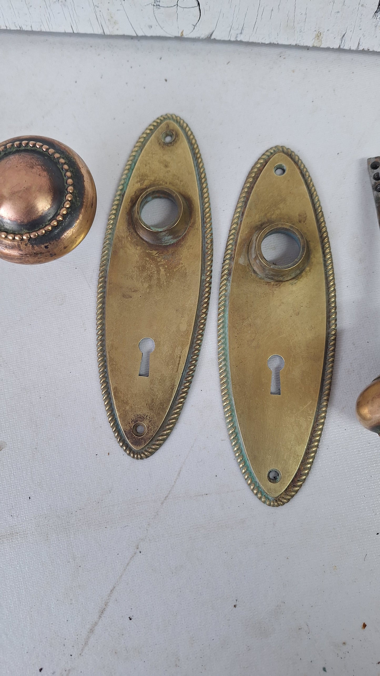 Set of Oval Style Doorknobs and Plates, Antique Brass Door Hardware Set