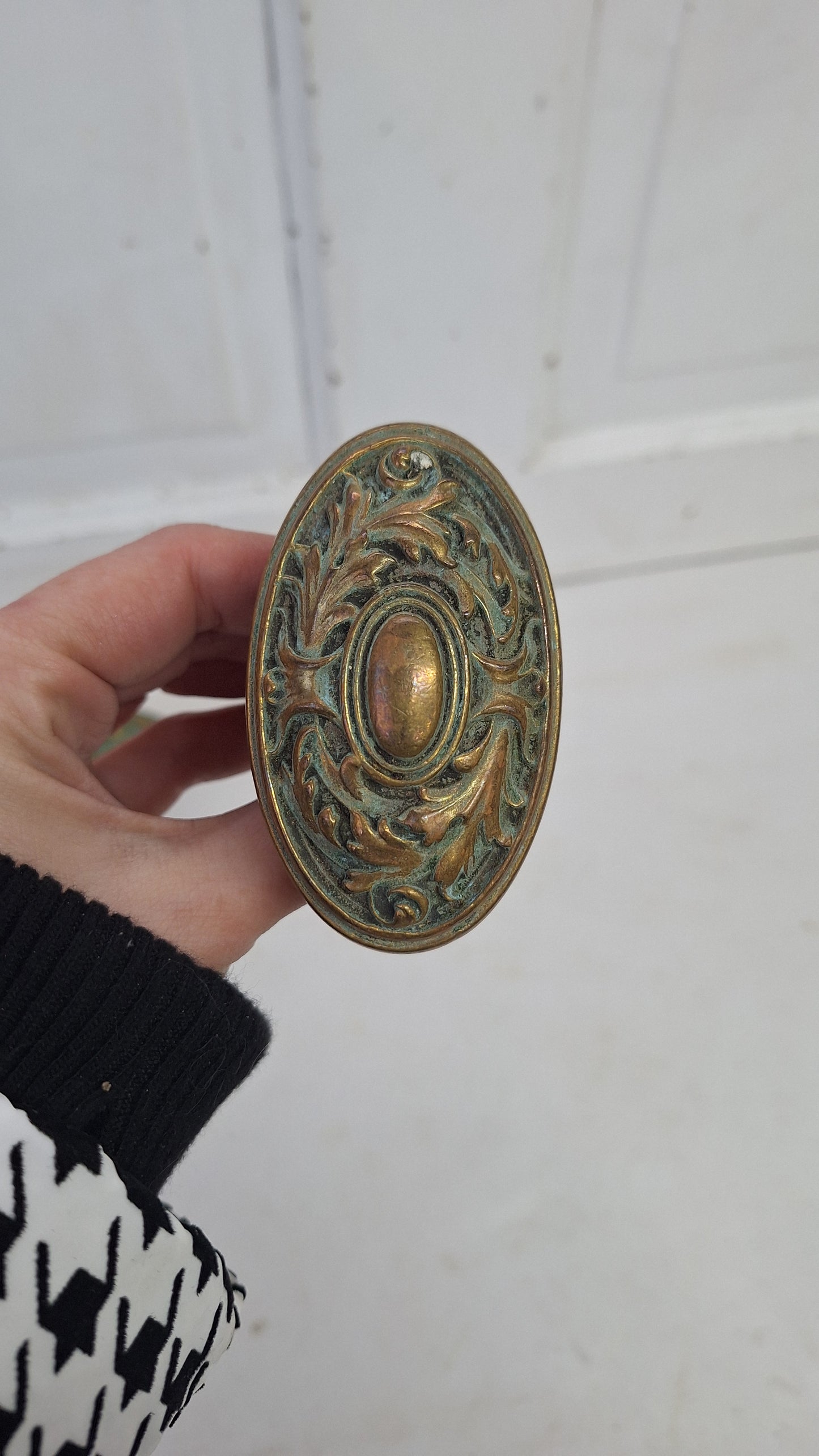 Two Ornate Bronze Oval Doorknobs: Floral Design, Victorian Style