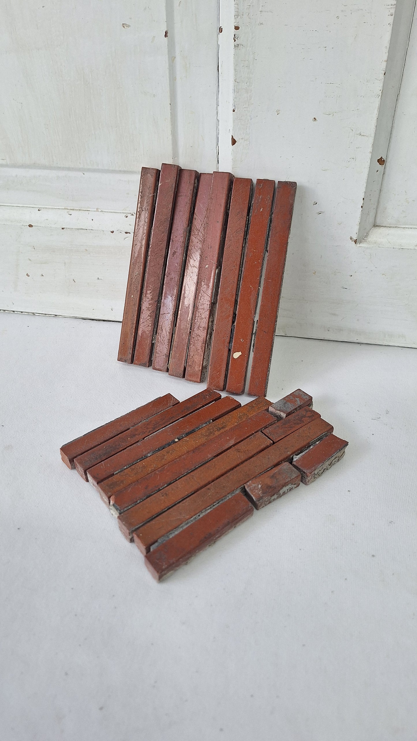 10 Antique Red Narrow Fireplace Tiles, Skinny Victorian Hearth Border Accent Tiles