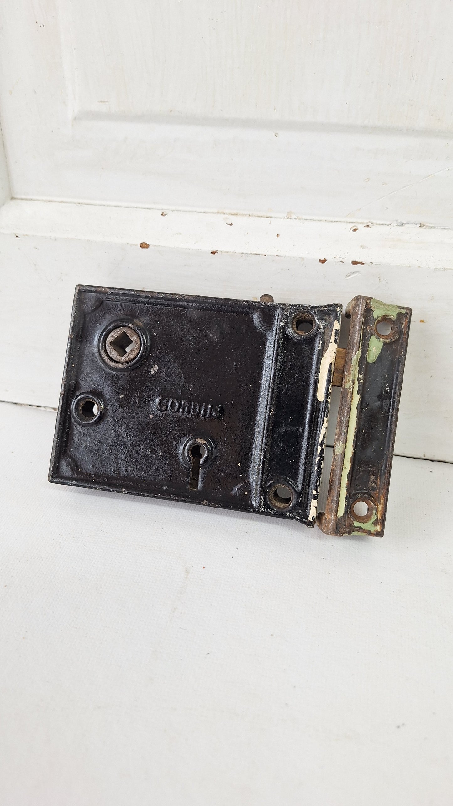Antique Cast Iron Rim Lock with Keeper, Door Privacy Latch