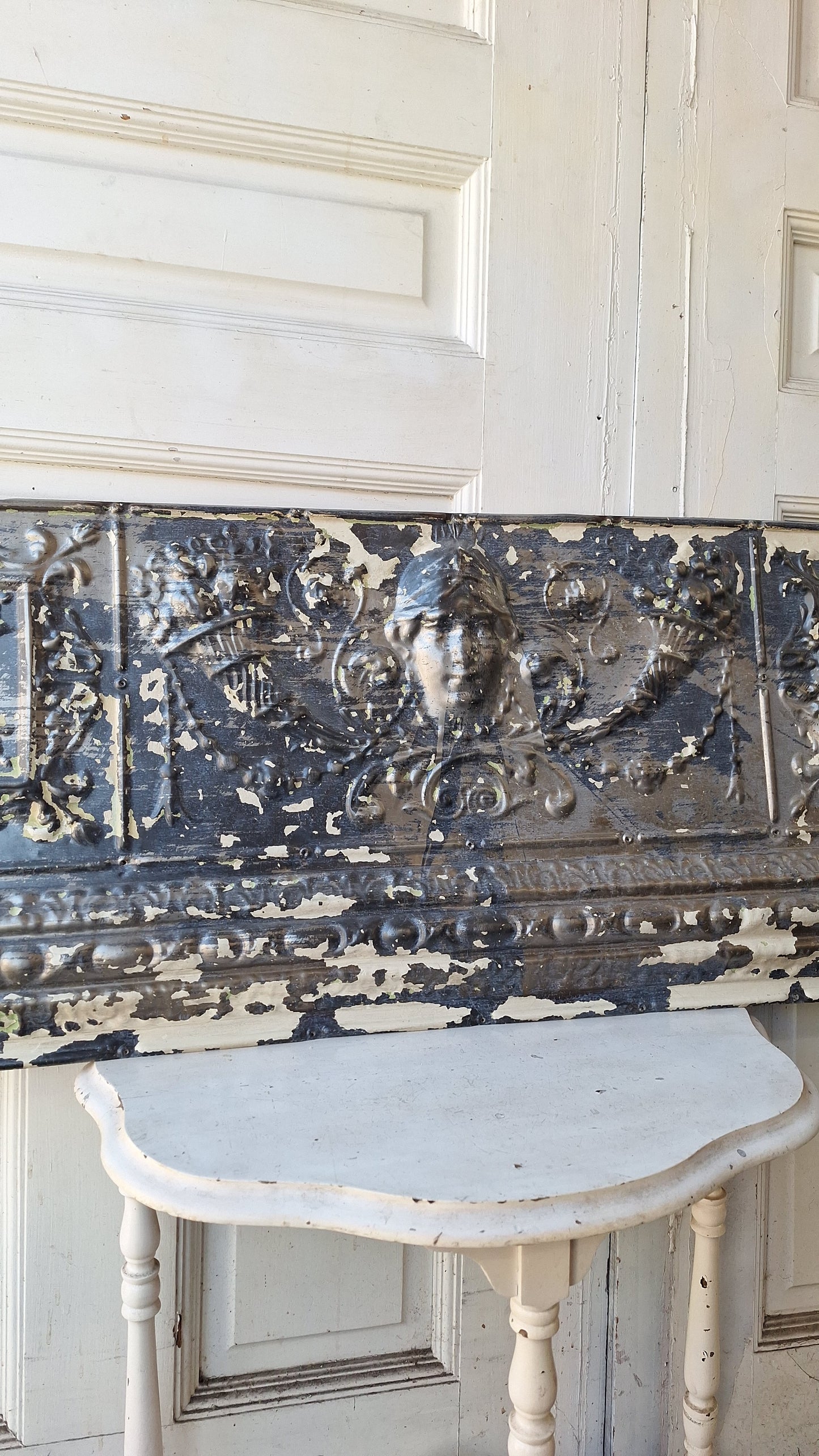 Rare Figural Tin Ceiling Tile, Woman's Face Deco Stamped Tin