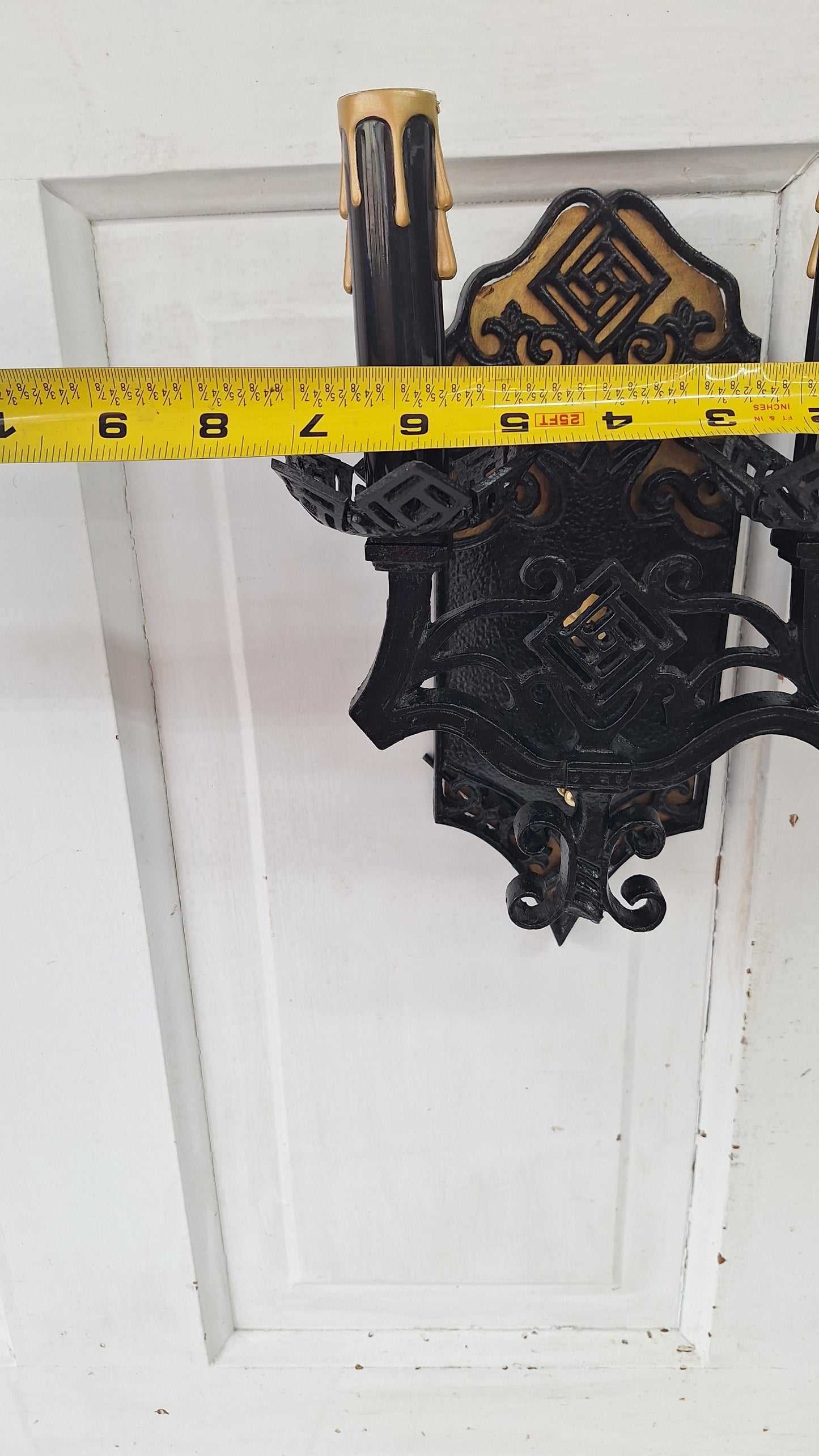 Vintage Gothic Black and Gold Sconces: Tudor Style Pair