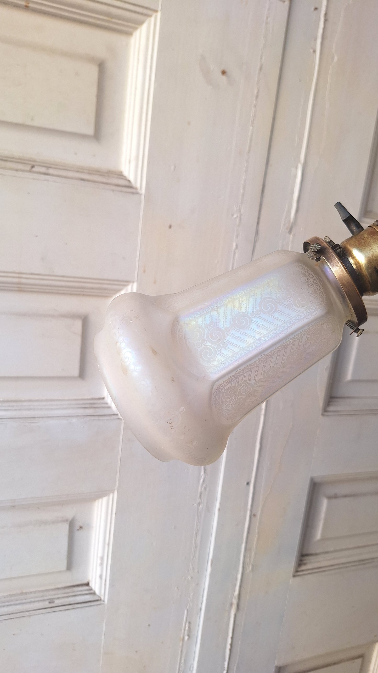 Etched Glass Antique Chandelier: Vintage Brass Lighting, Early Electric