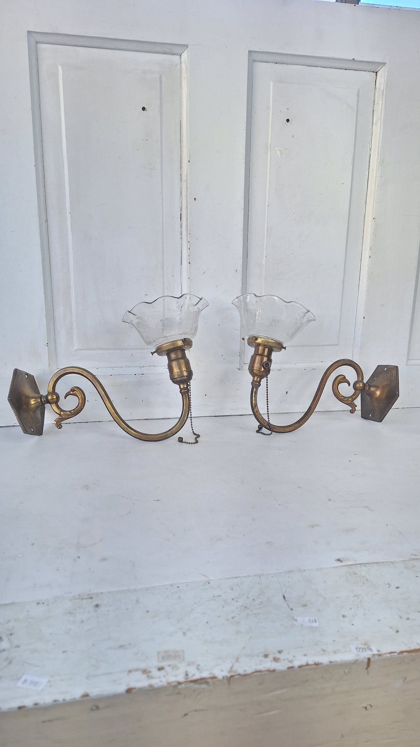Antique Brass Sconces with Etched Glass Shades and Bird Carvings