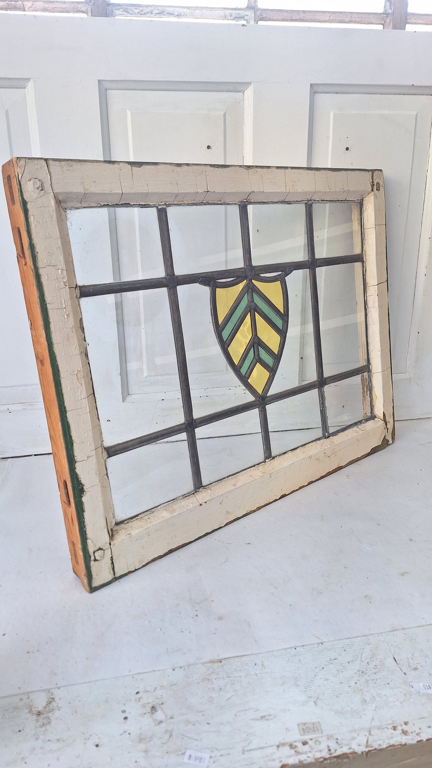 Antique Stained Glass Window: Yellow & Blue Arts Crafts Design