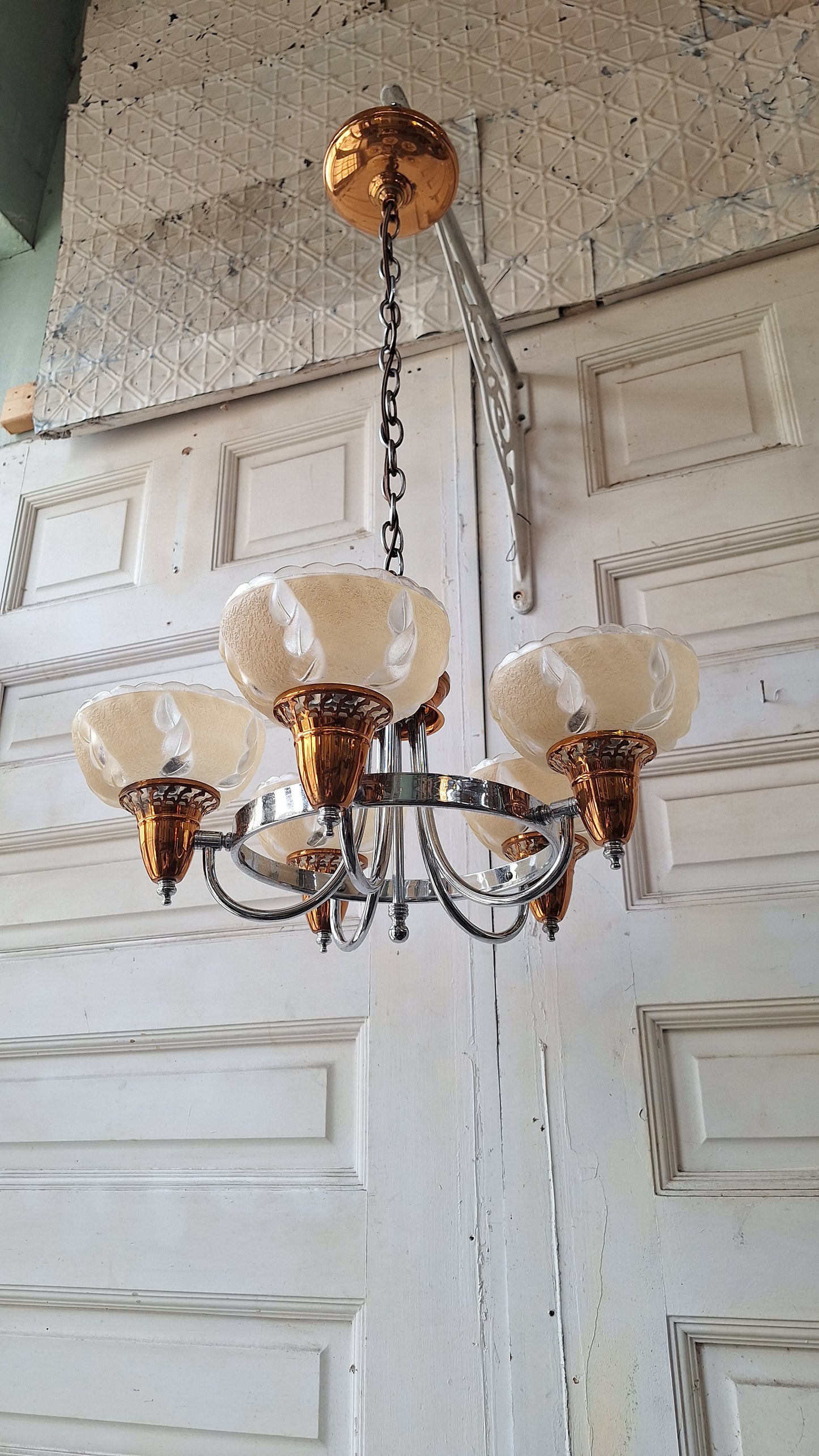 Slip Shade Chandelier, Copper and Nickel Art Deco Light