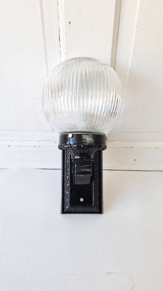 Antique Cast Iron Sconce with Ribbed Glass Globe, Exterior Wall Light