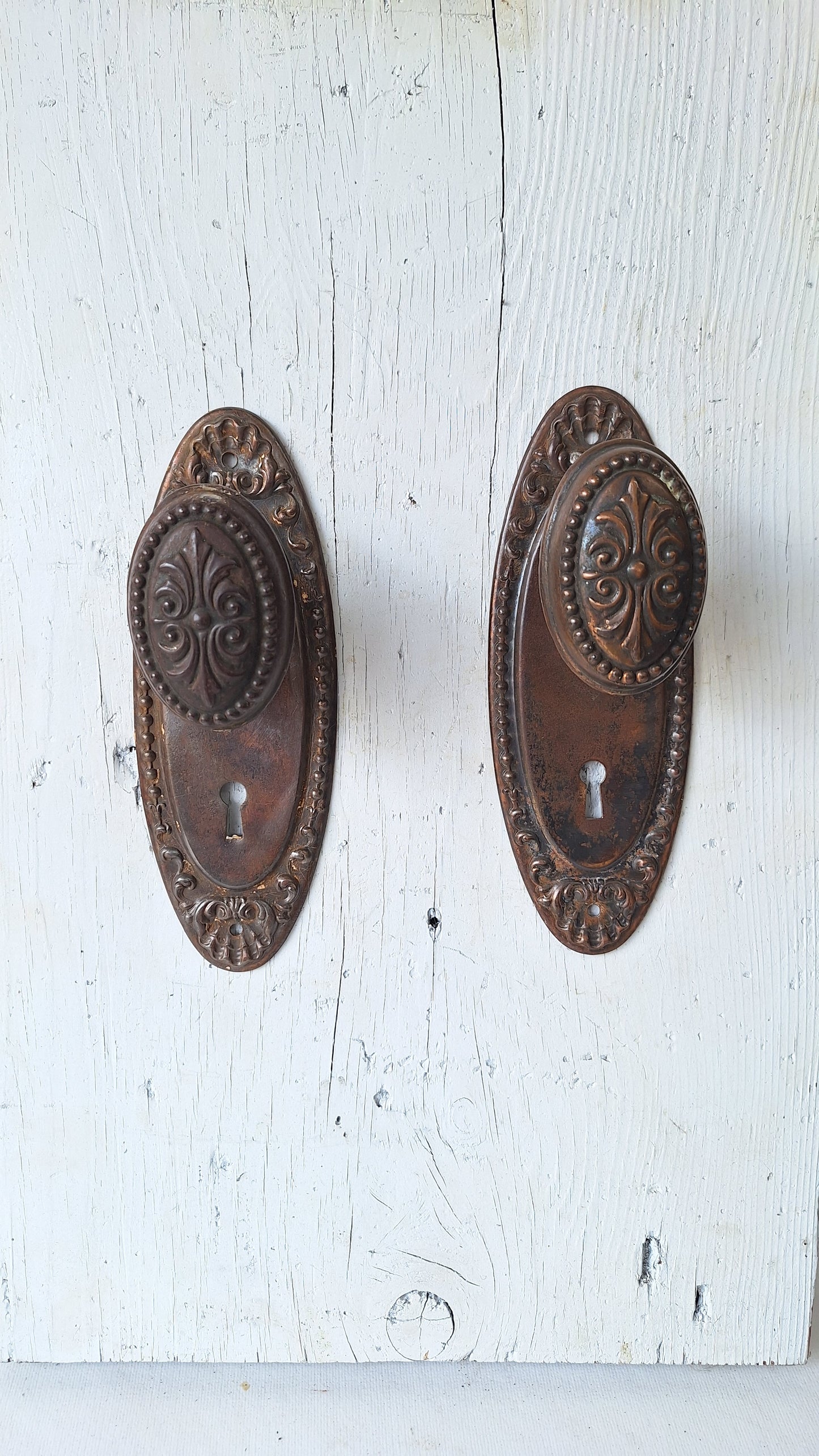 Antique Steel Door Hardware Set, 1900s Ornate Doorknob and Plates Set