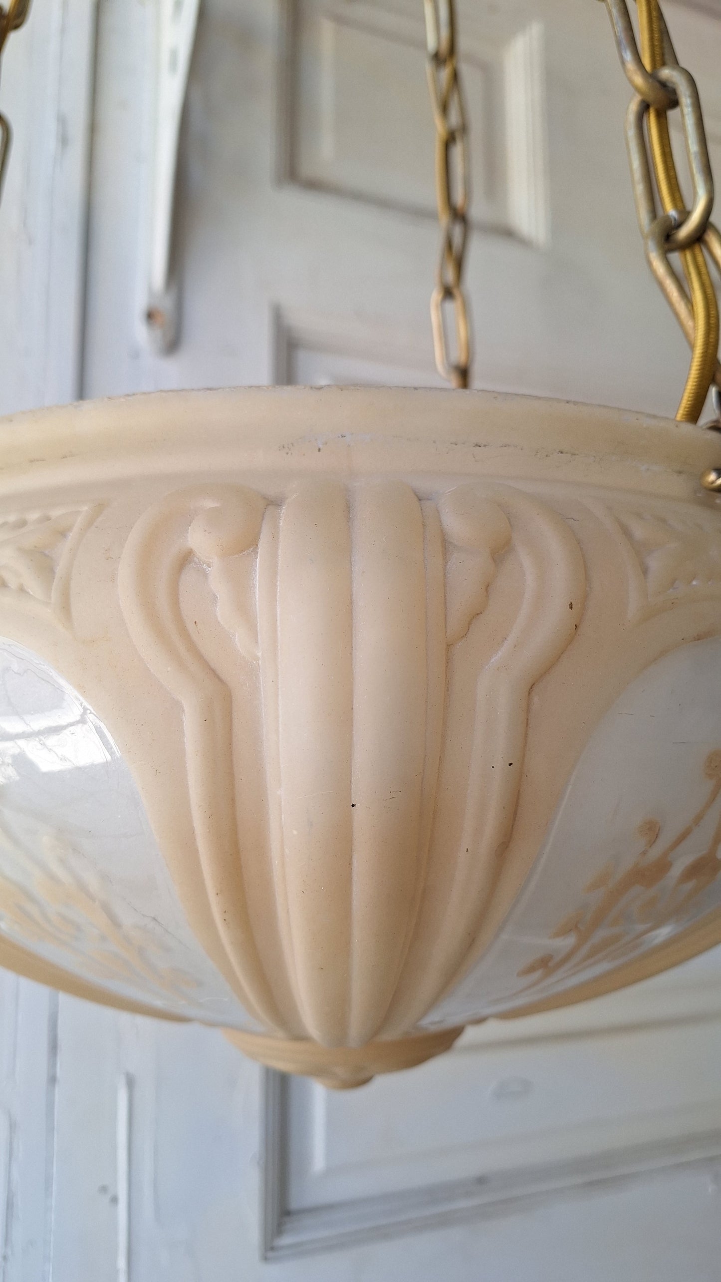Antique Molded Glass Bowl Chandelier, Bronze and Glass Large Hanging Light