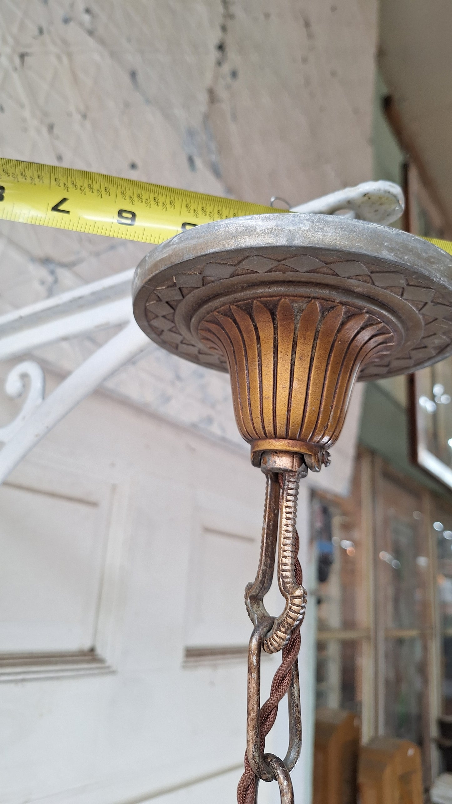 Three Shade Art Deco Era Slip Shade Chandelier, Vintage Glass Shell Ceiling Light