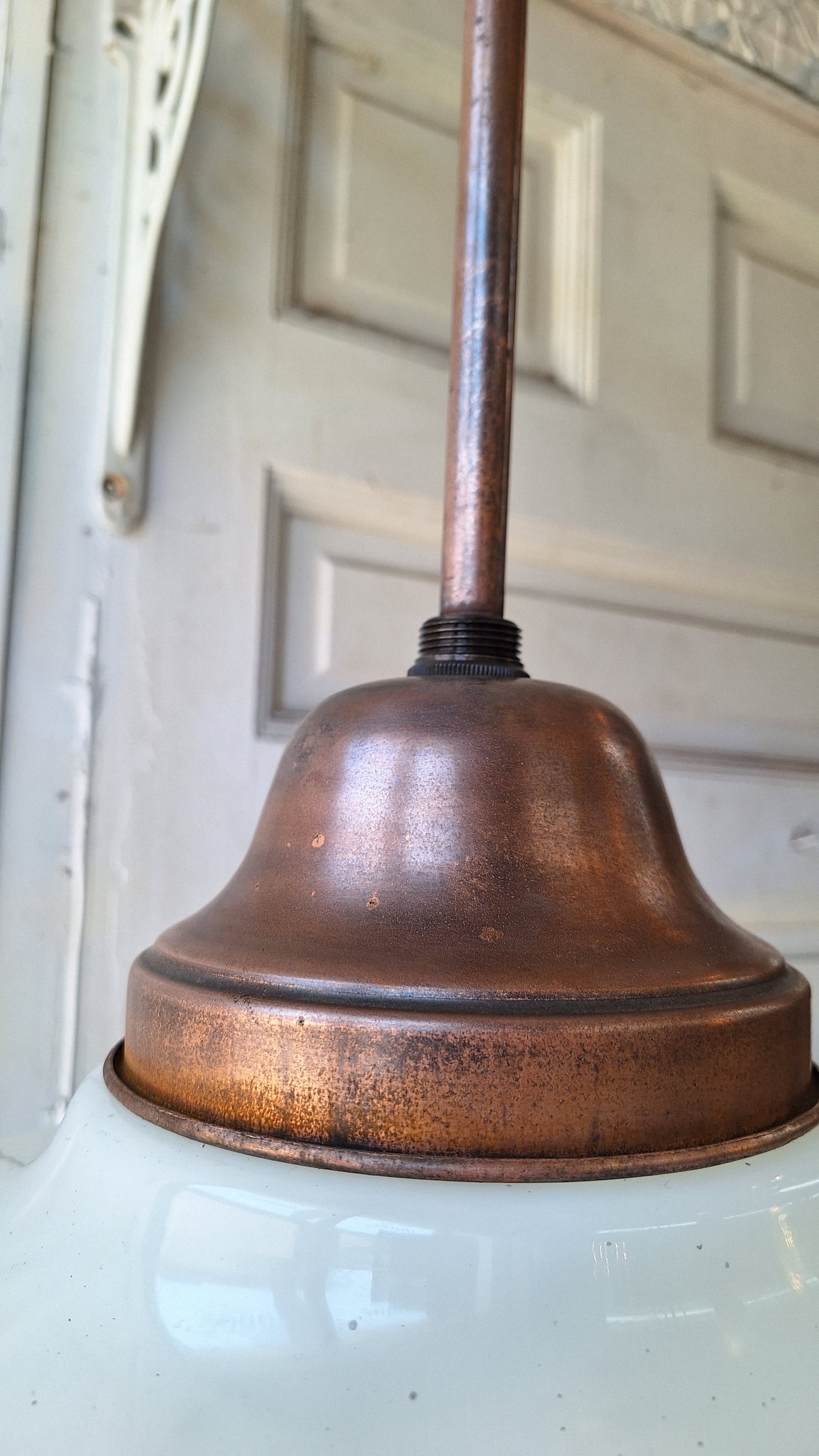 Vintage Pendant Light, White Glass Globe, Copper Color Schoolhouse Style