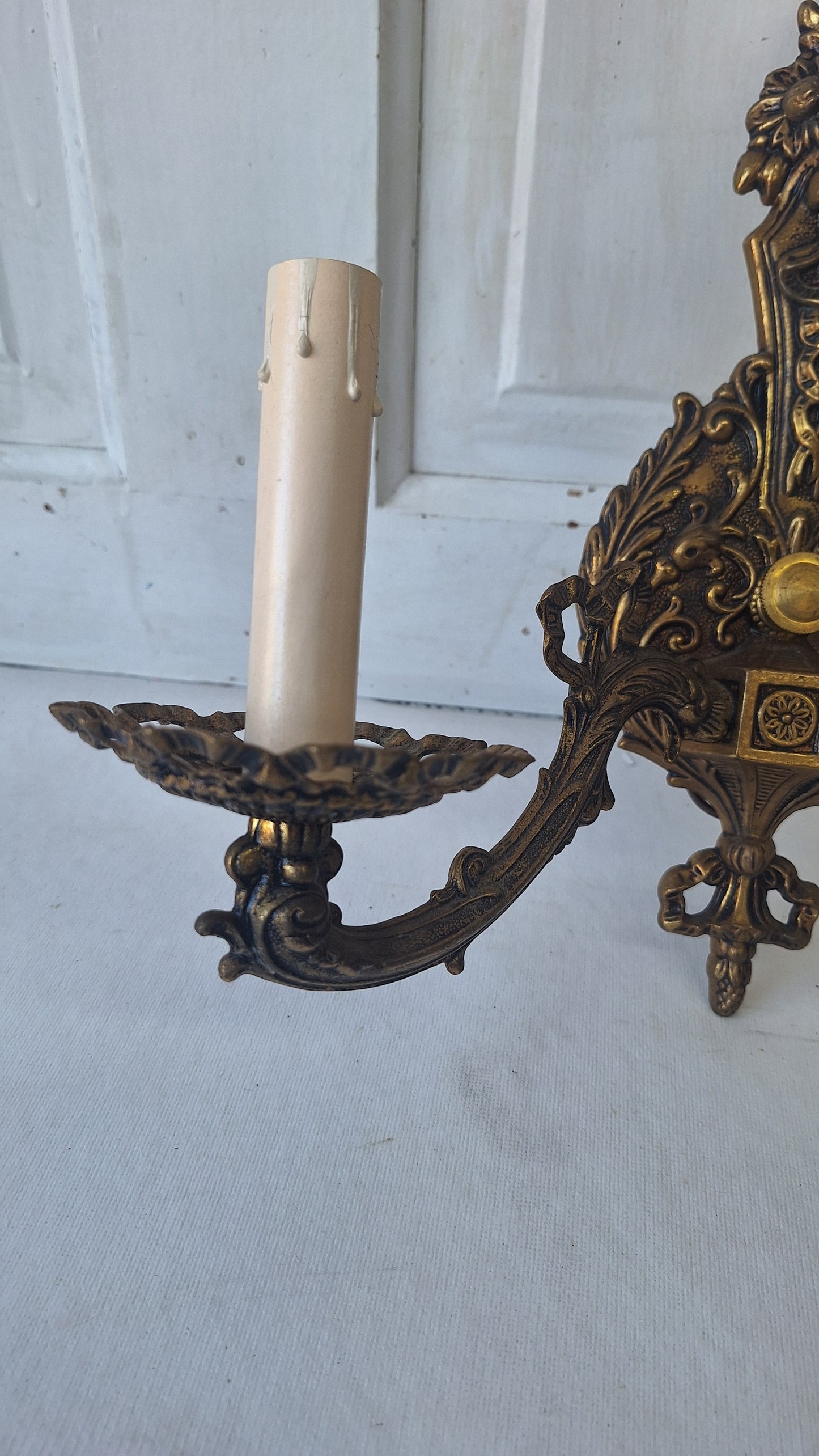 Two Mid Century Brass Sconces, MCM Candle Wall Lights