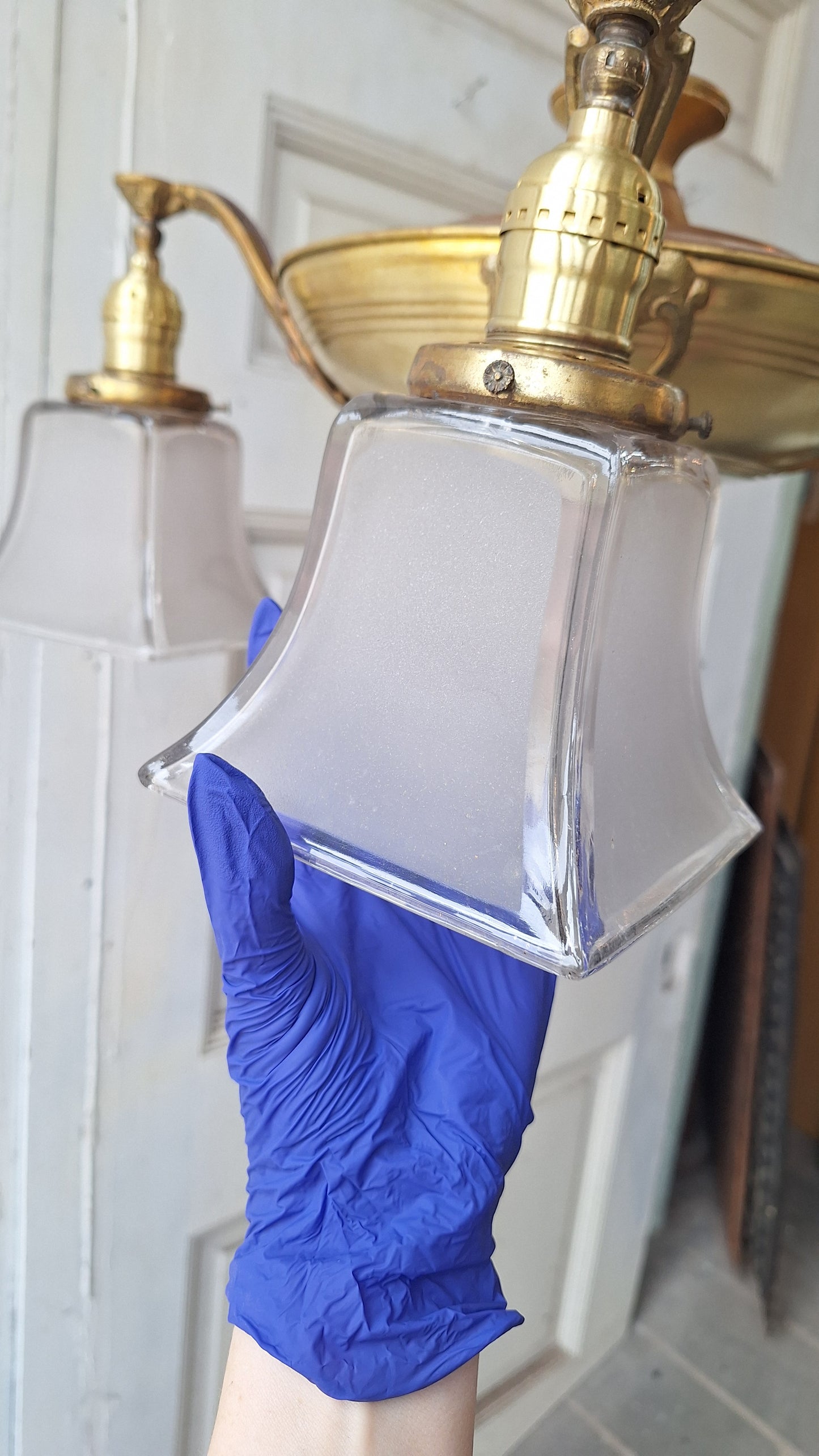 Antique Two Tone Pan Light with Square Glass Shades - Refurbished Chandelier
