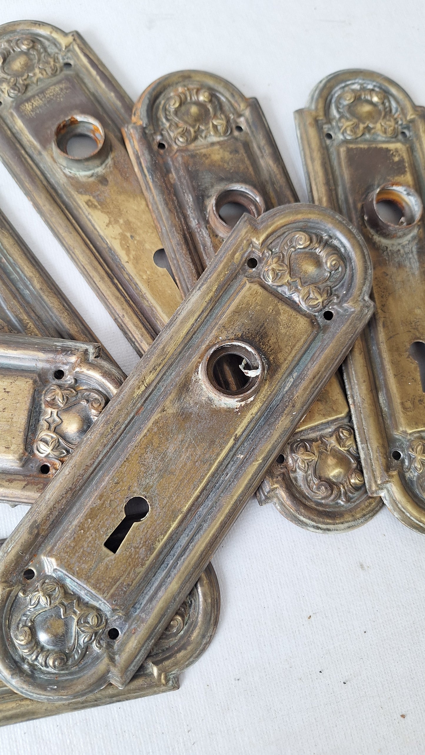 Pair of Stamped Floral Pattern Steel Backplates, Antique Doorknob Plates
