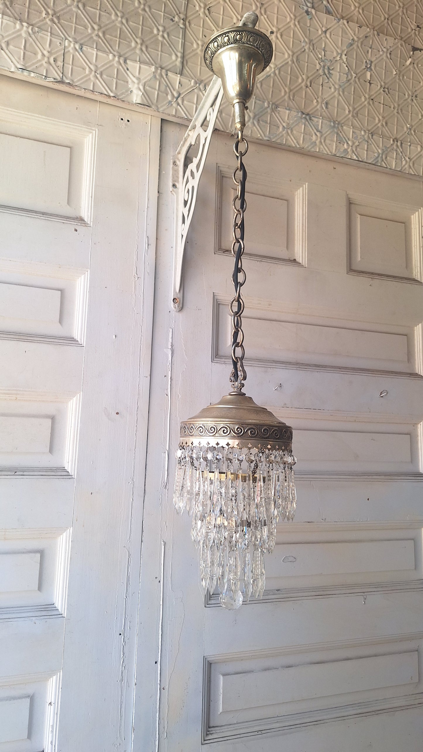 Small Vintage Brass Crystal Chandelier, Wedding Cake Light, Empire Style Cut Glass