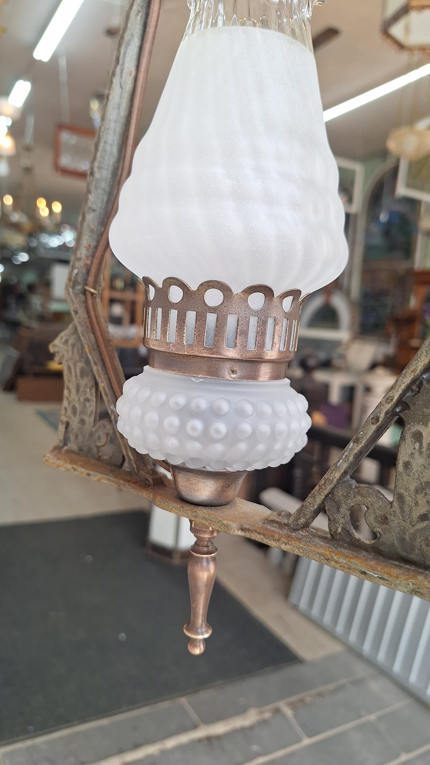 Virden Co. Hammered Iron Wolf Pendant Light, Lantern Style Hanging Vintage Light