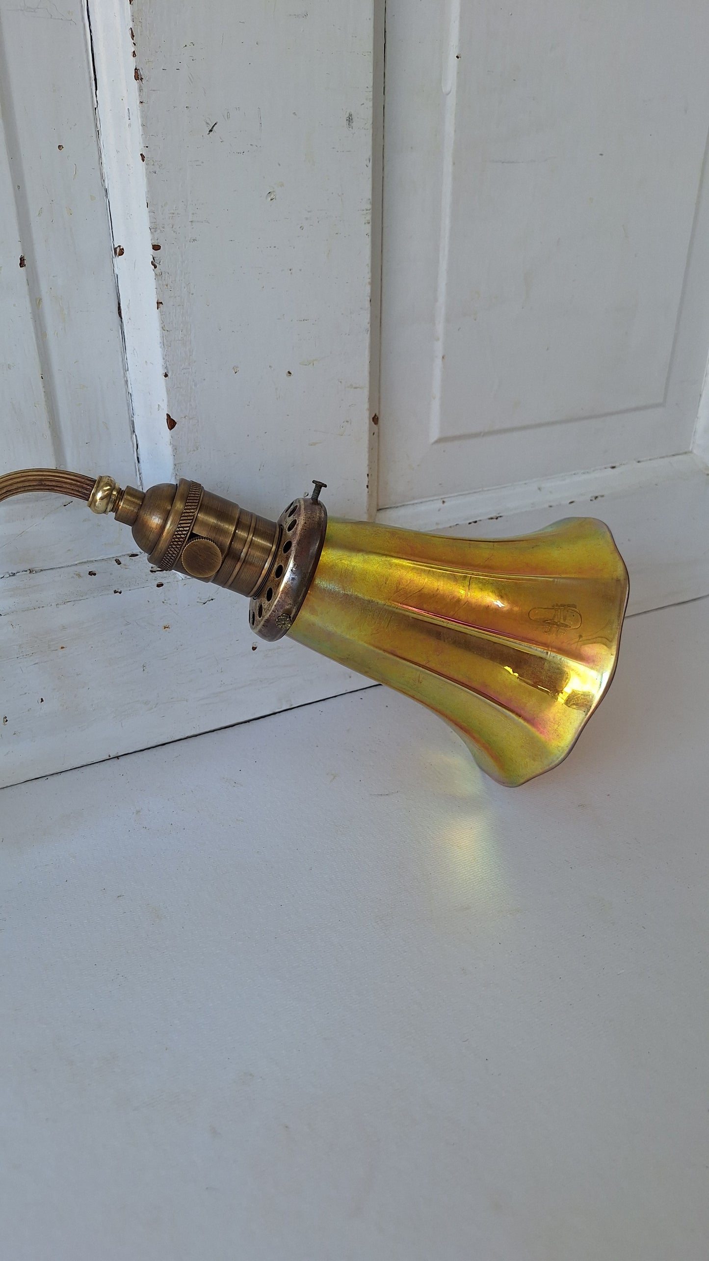 Antique Brass Sconce with Art Glass Shade, Wall Light and Quezel Shade