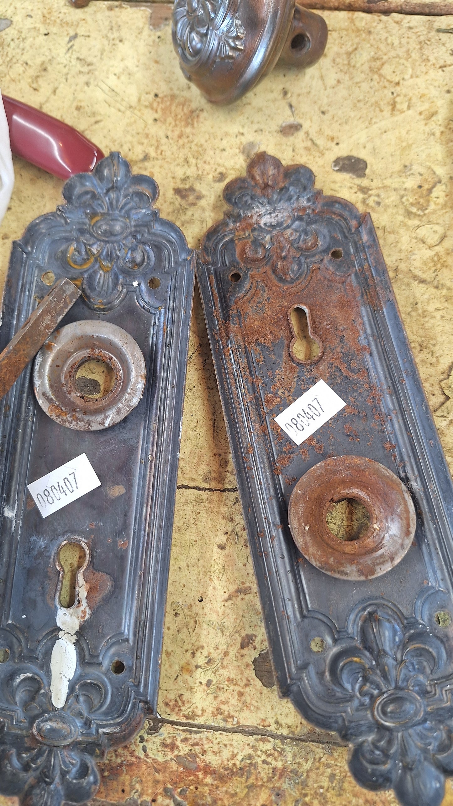 Pair of Stamped Floral Pattern Steel Backplates, Antique Doorknob Plates