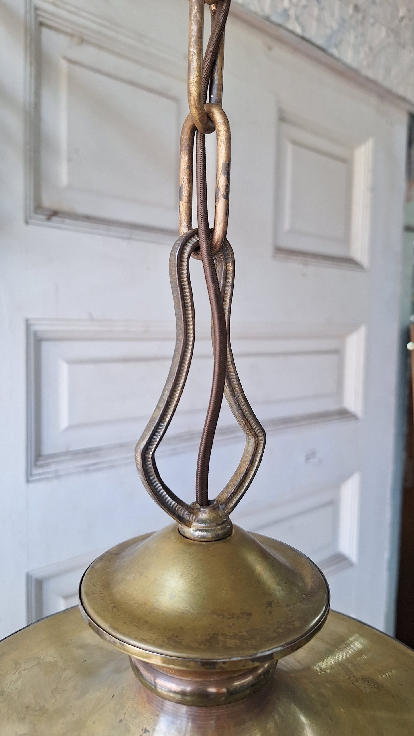 Antique Bronze Chandelier, Pink Glass Shades, Four Arm Pan Light