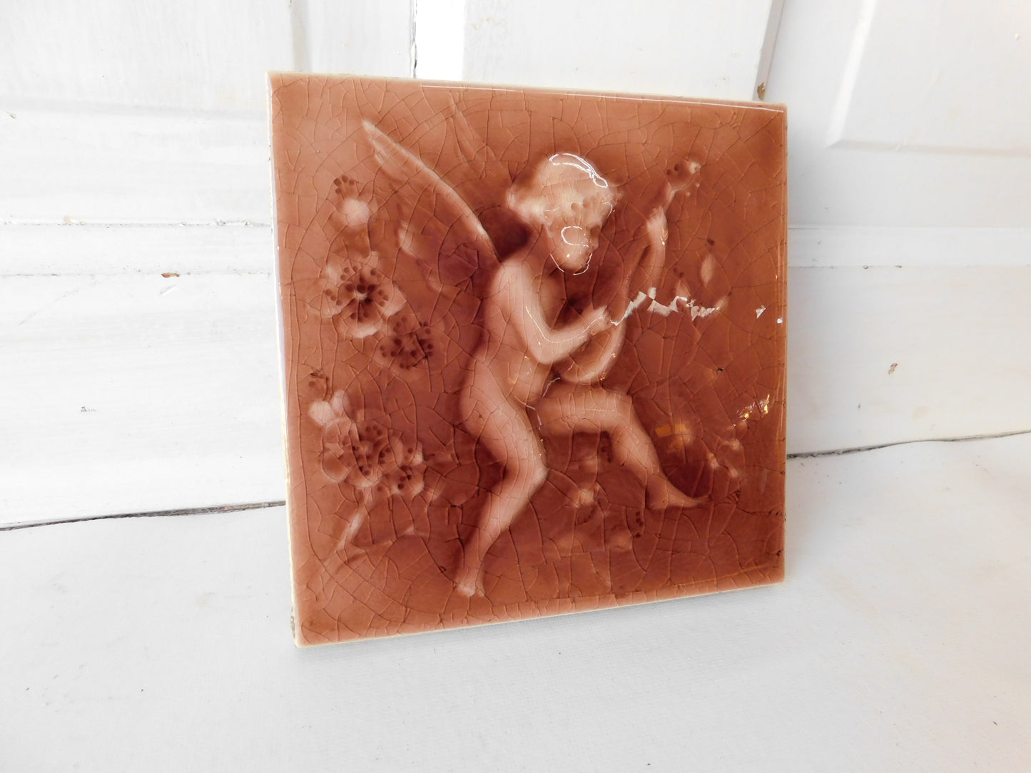 6 x 6 Victorian Angel Tile, Antique Fireplace Tile, Glazed Ceramic, Dark Pink Maroon, Victorian Style, Fireplace Surround Tile 021501