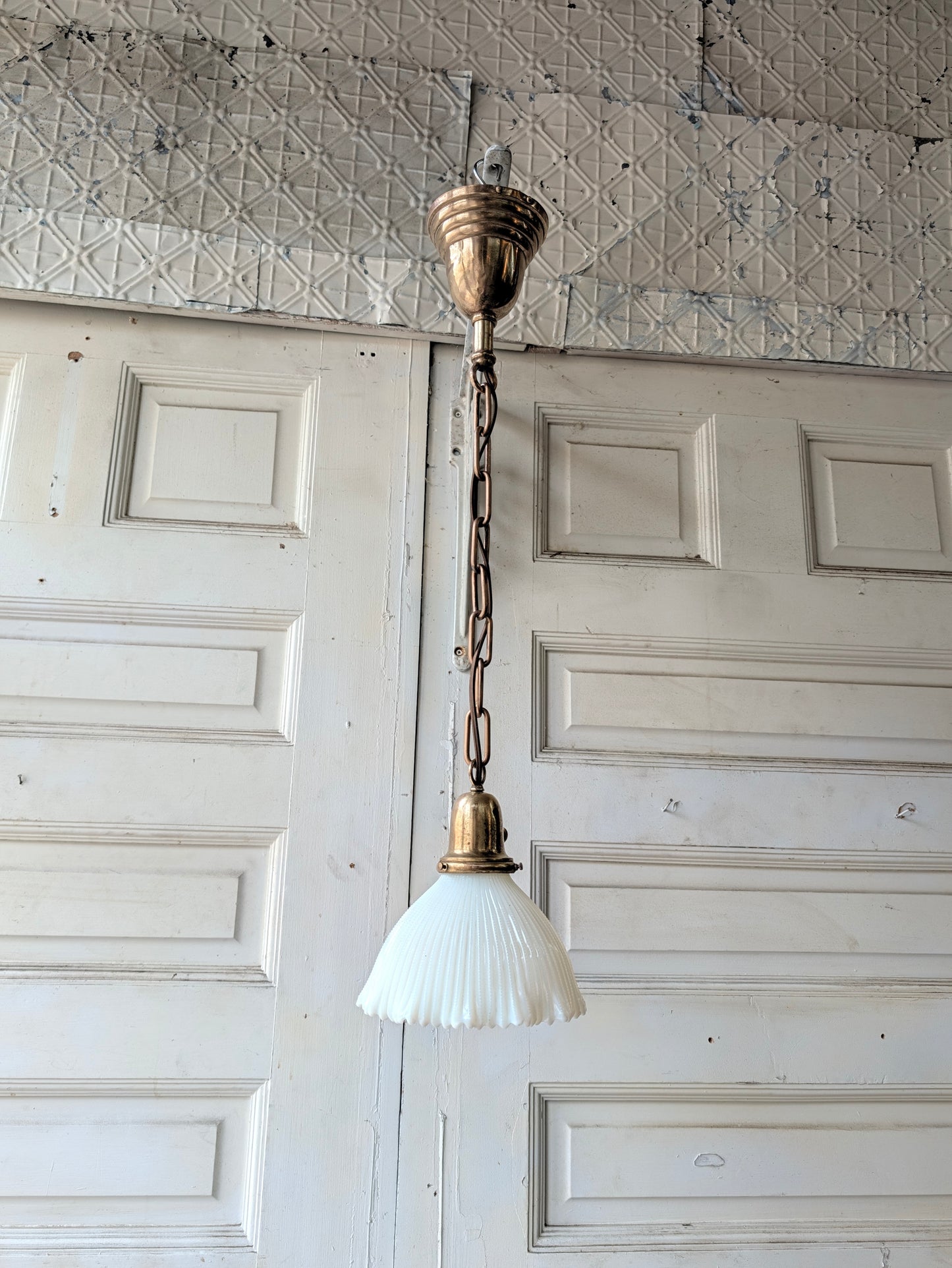 Scalloped Milk Glass Light Fixture, Vintage Pendant Fixture