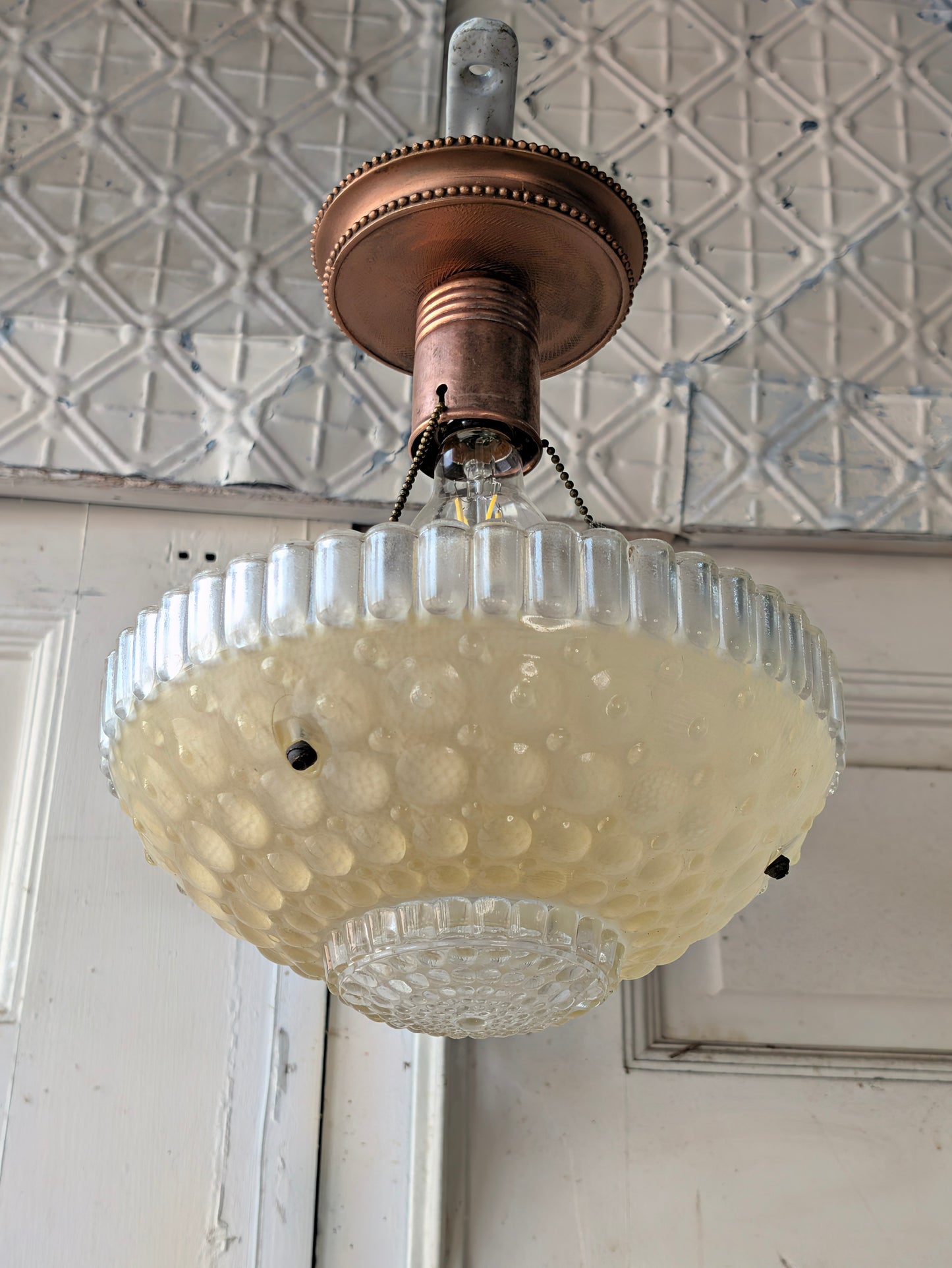 Vintage Yellow Green Bowl Light: Molded Glass Shade, Three Chain Semi Flush