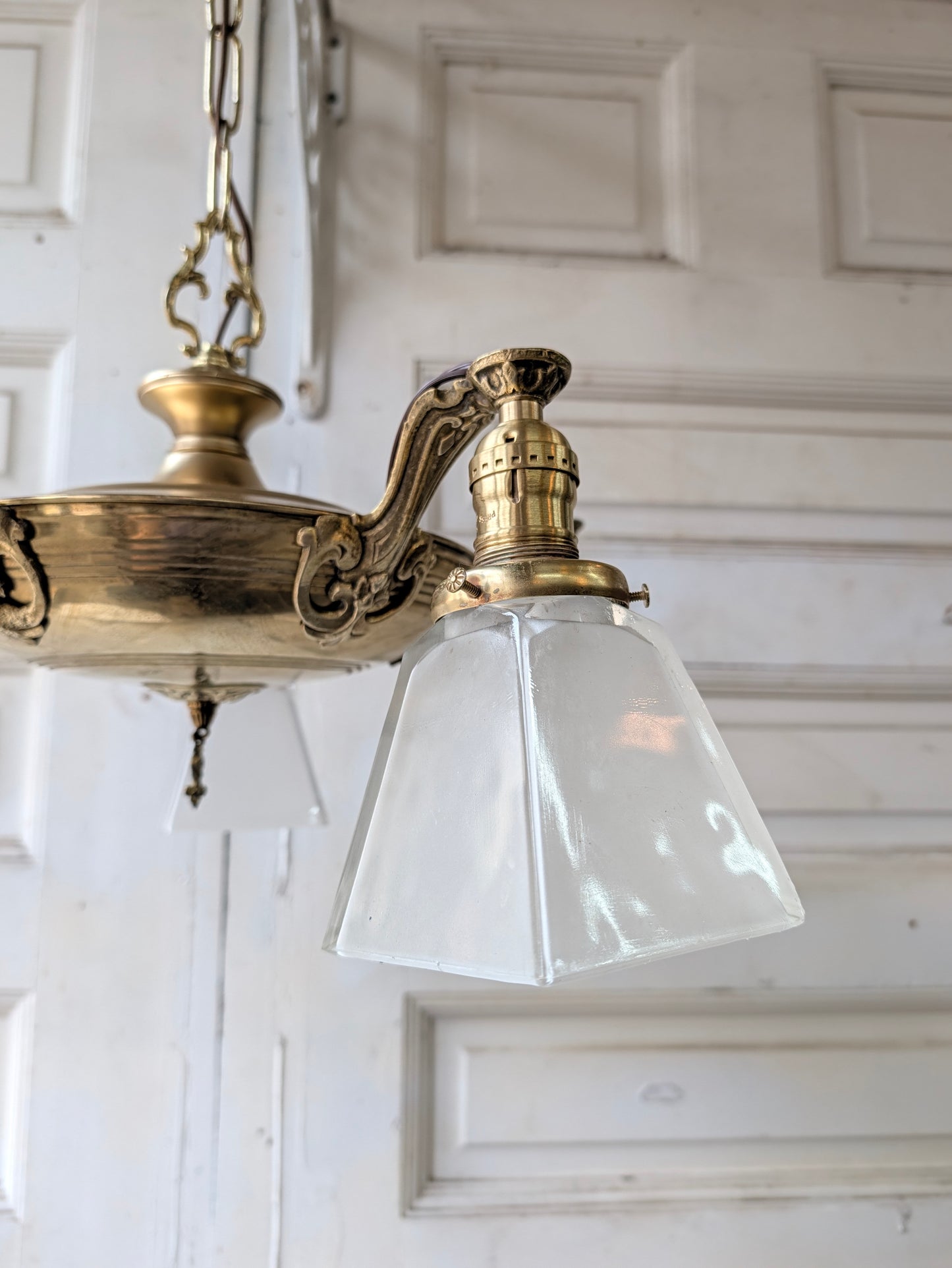 Antique Brass Pan Light with Square Glass Shades - Refurbished Chandelier