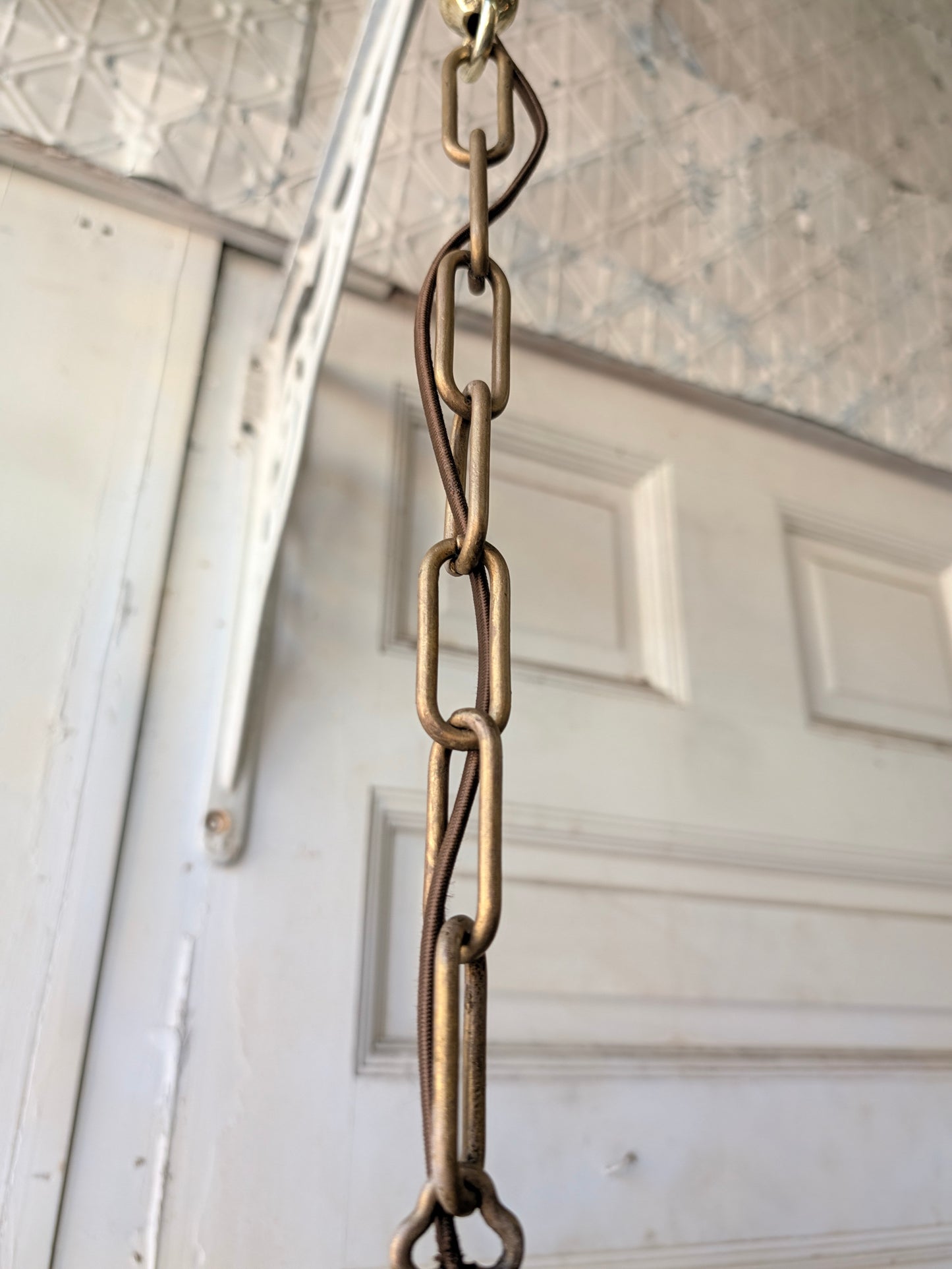 Pair of Clam Broth Shade Pendant Lights, Antique Brass Matching Tulip Shade Fixtures