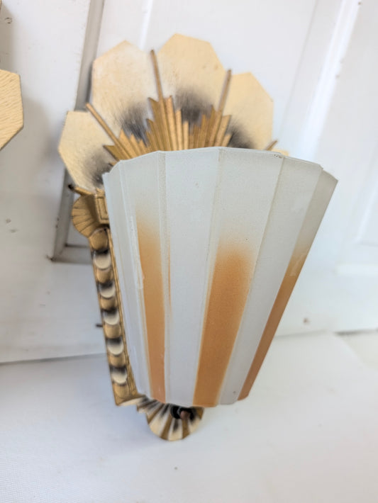 Art Deco Slip Shade Sconces, Gold Molded Glass Wall Lights (Pair)