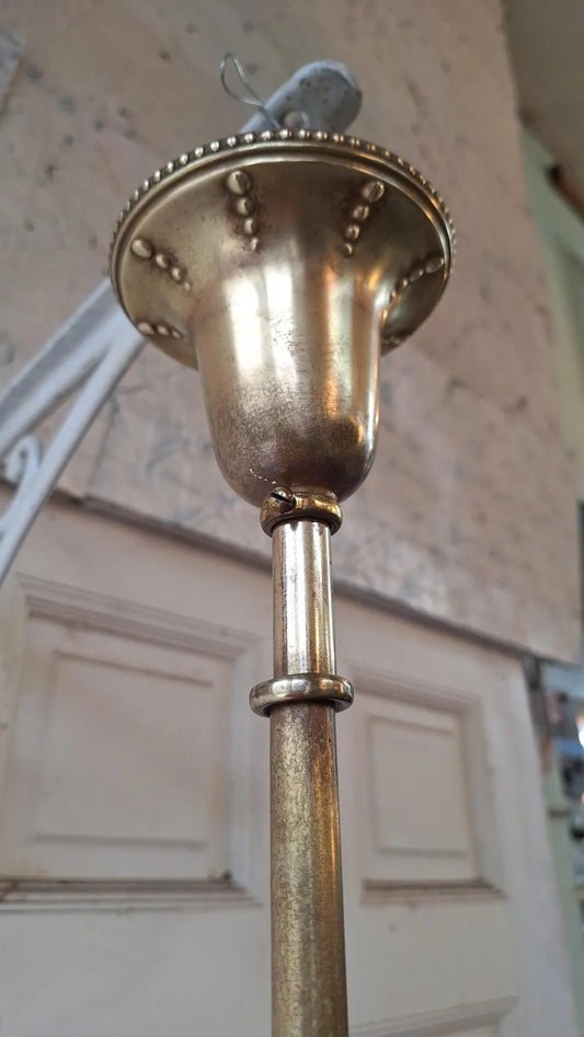 Curved Arm Brass Chandelier with Etched Shades, Antique Ceiling Light from Victorian Home