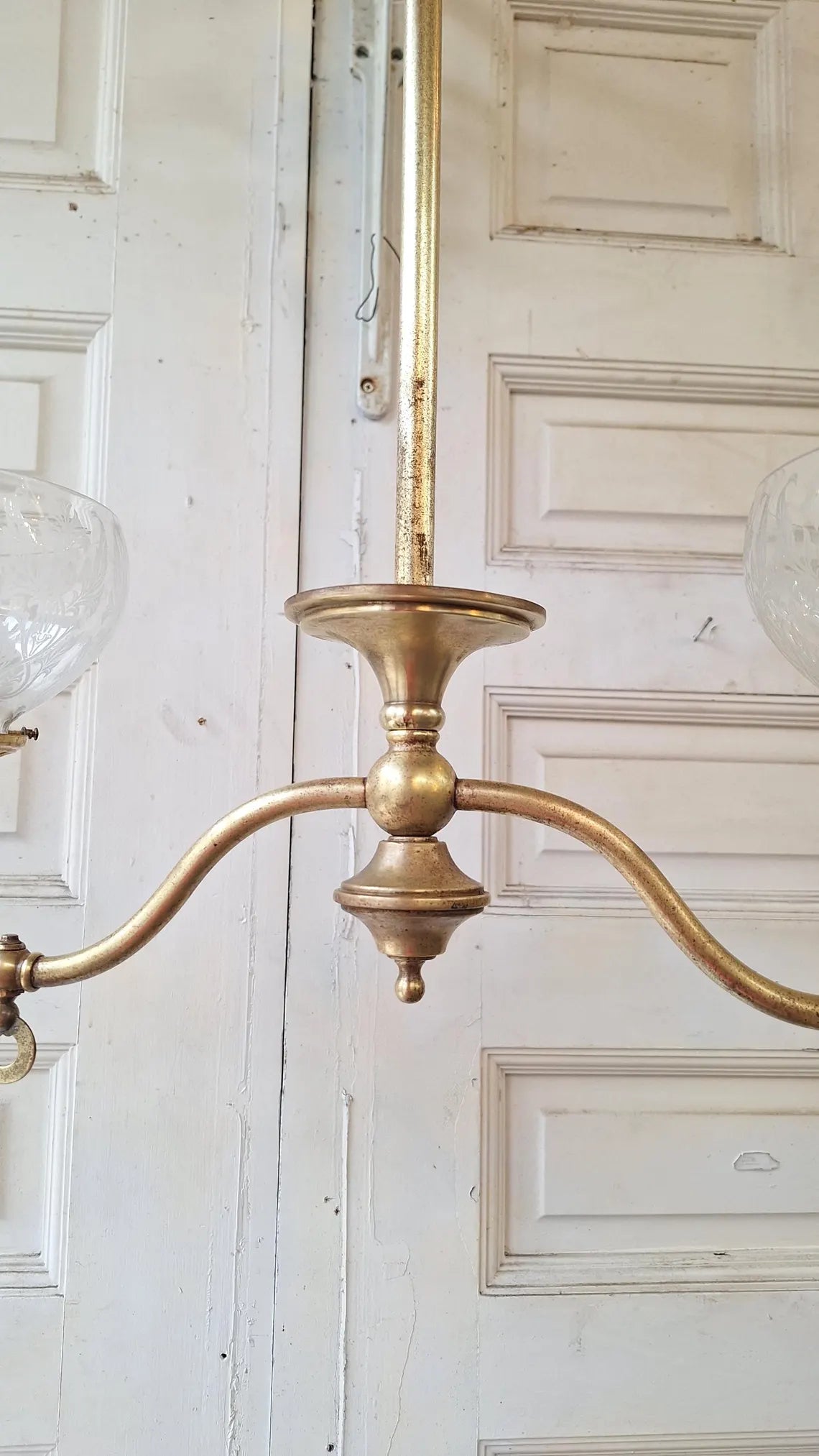 Curved Arm Brass Chandelier with Etched Shades, Antique Ceiling Light from Victorian Home