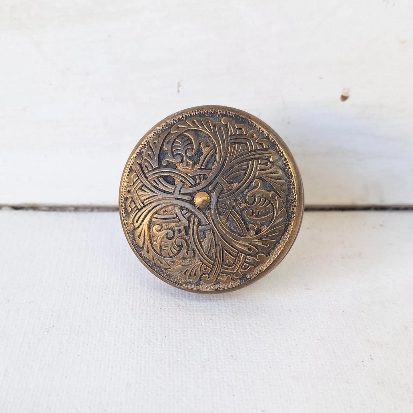 Antique Branford Doorknob with Interlocking Design, Victorian Era, Fancy Brass Door Knob, Button Center Antique Door Handle 022706