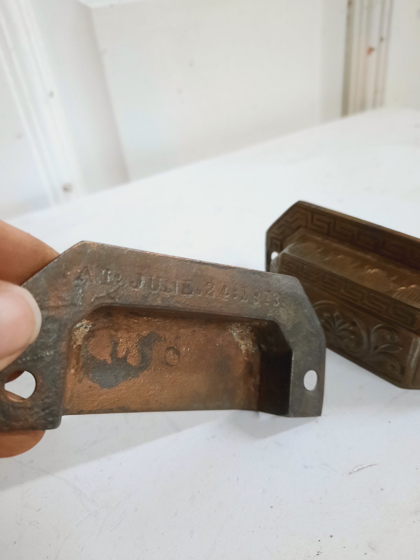 Two Brass Plated Eastlake Handles, Pair Ornate Bin Pulls